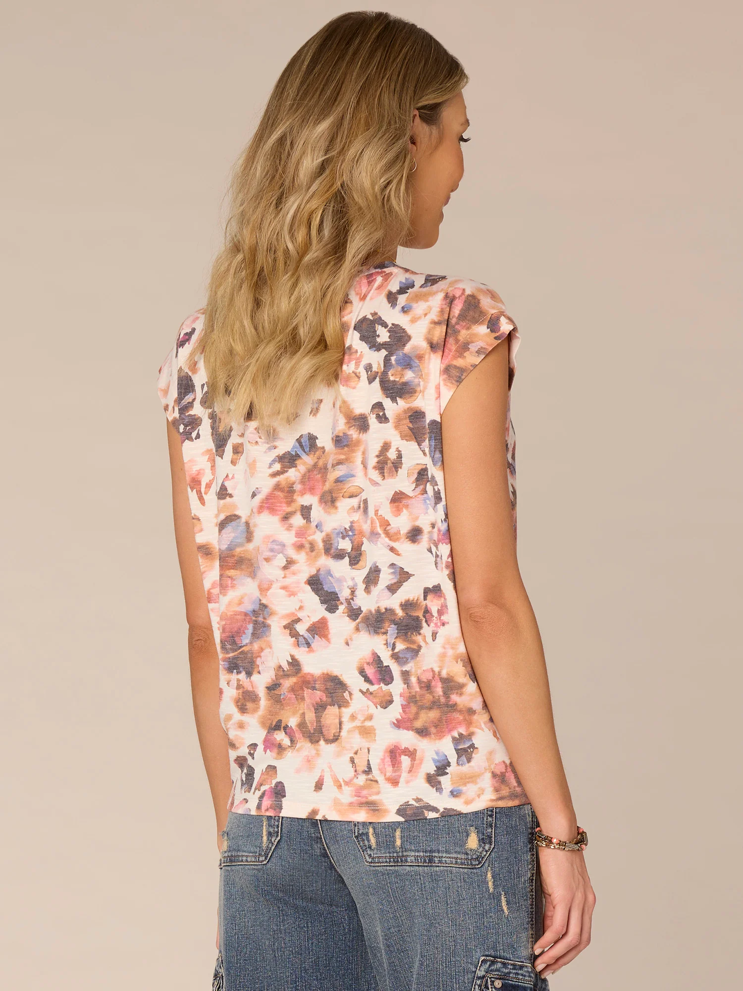 Cap Sleeve Scoop Neck Knot Front Abstract Print Petite Knit Top - Legahigh