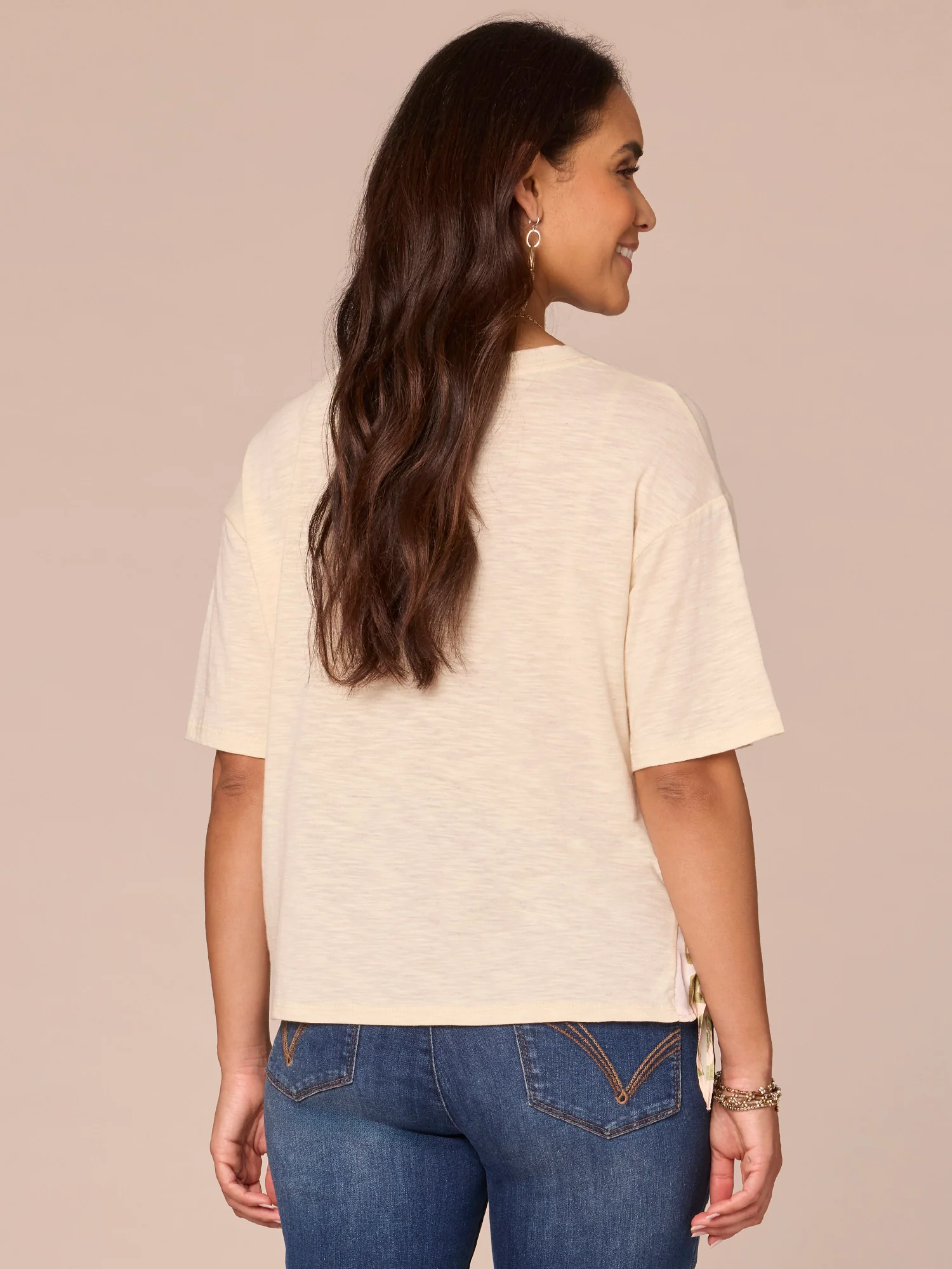 Elbow Sleeve Scoop Neck Side Tie Placement Print Mixed Media Knit Top - Legahigh