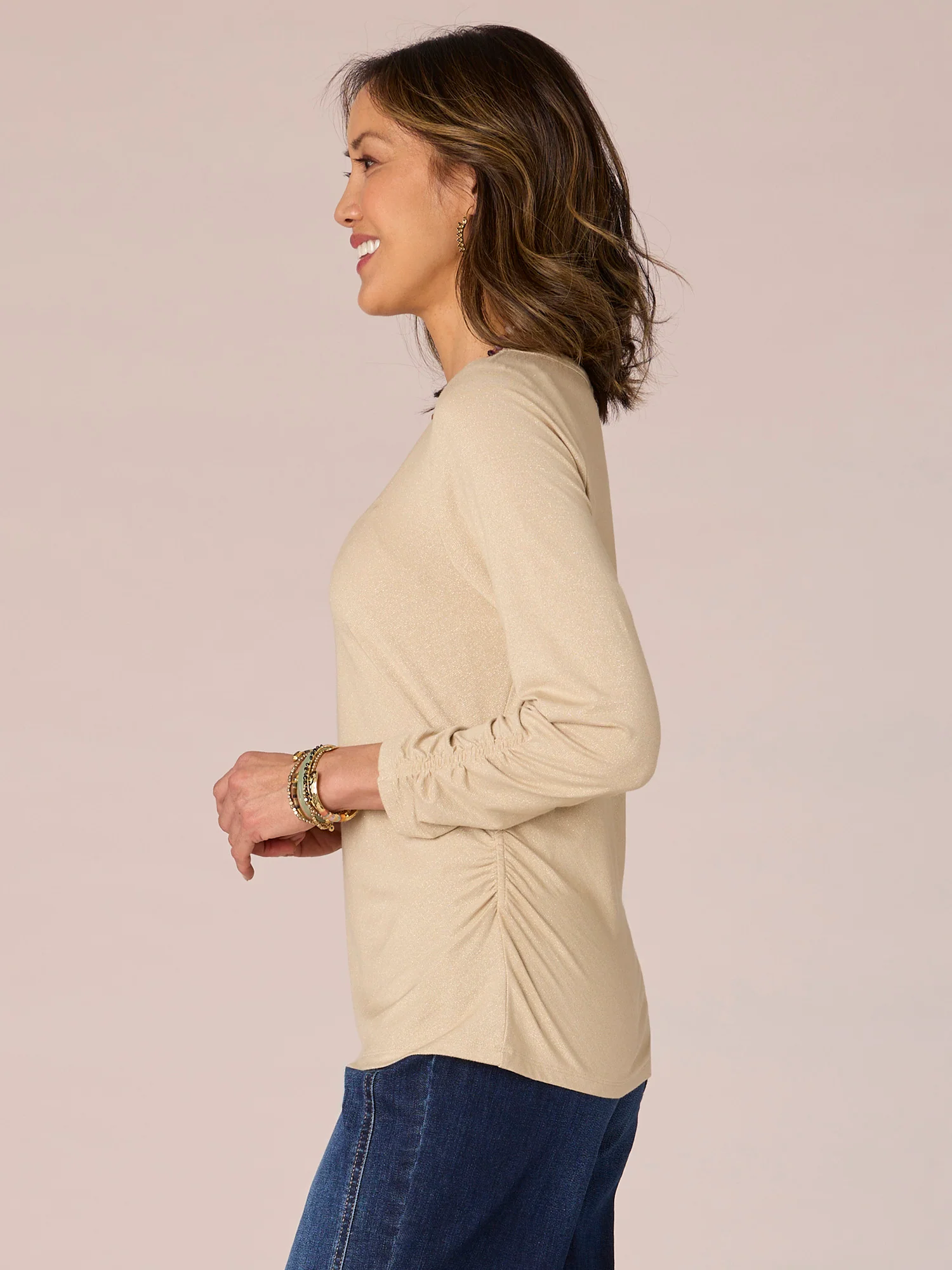 Three Quarter Sleeve Scoop Neck Ruched Side Knit Top - Legahigh