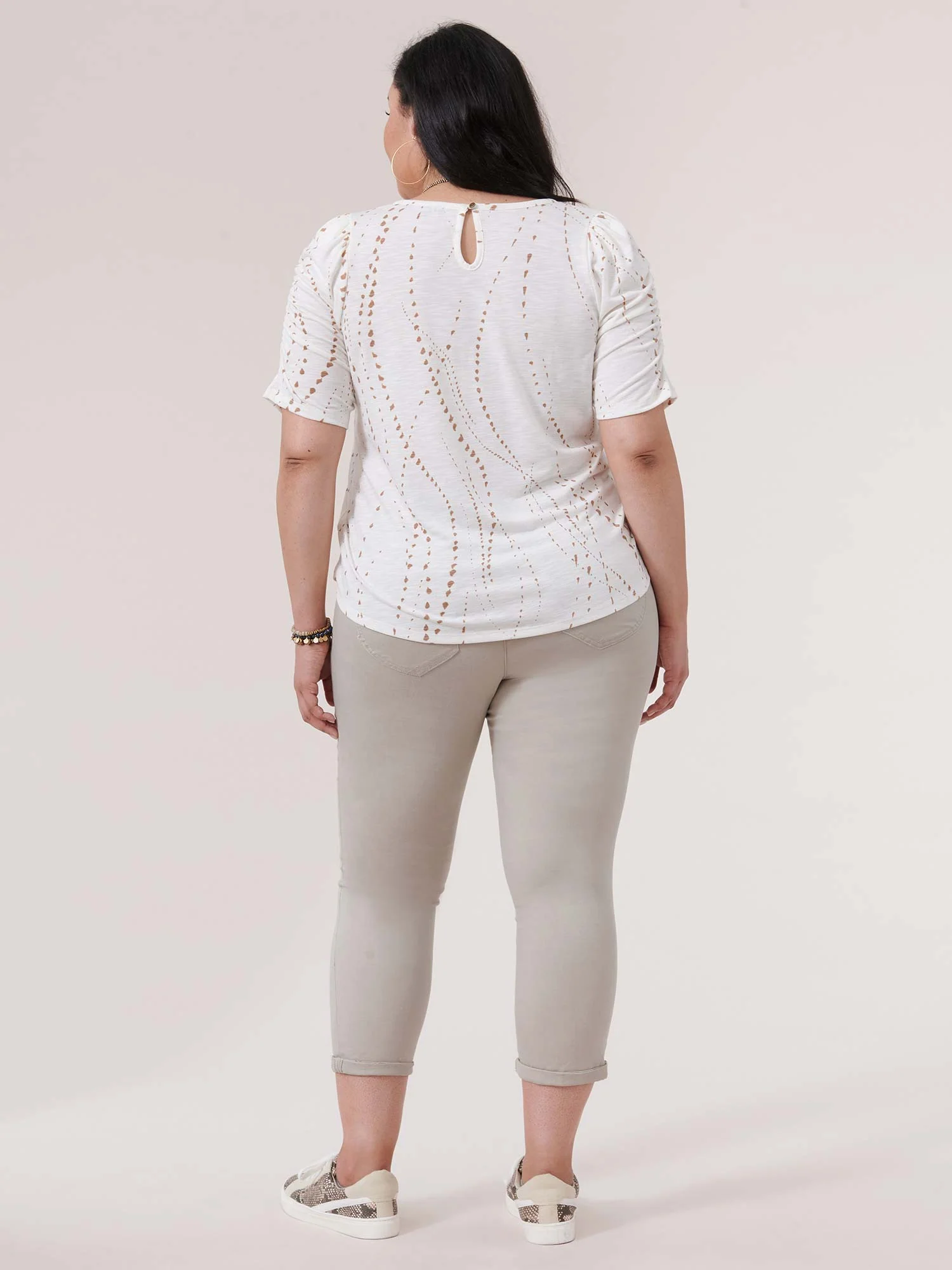 Ruched Elbow Sleeve Scoop Neck Dot Print Plus Knit Top - Legahigh