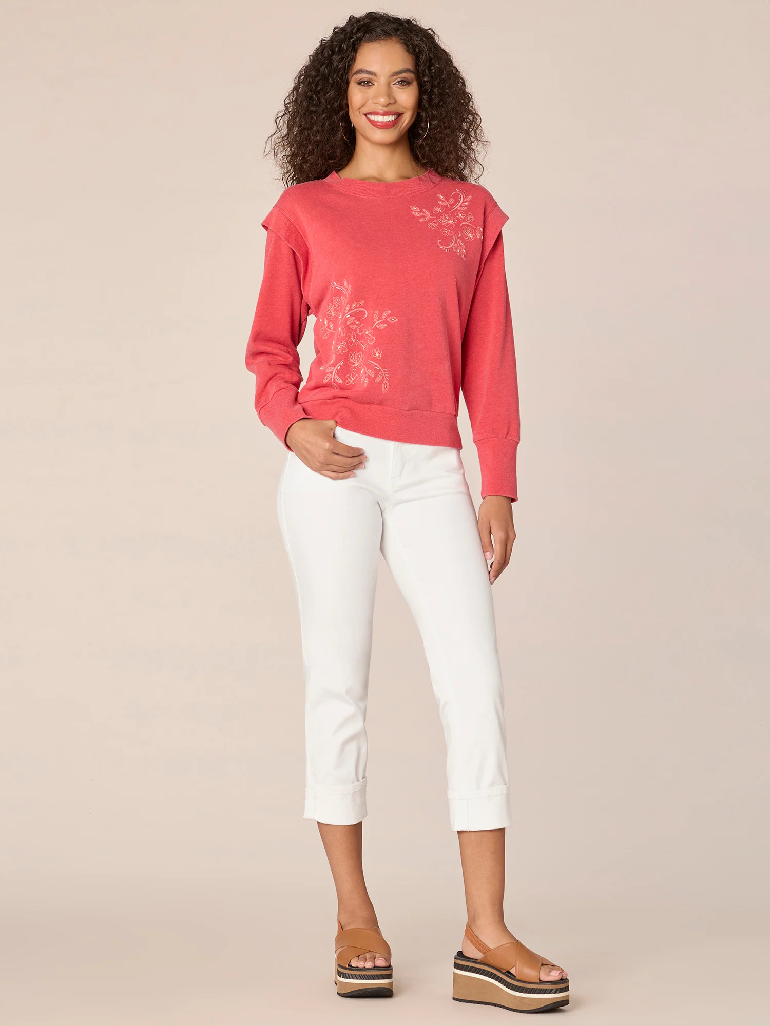 Long Blouson Sleeve Flange Shoulder Scoop Neck Embroidered Knit Top - Legahigh