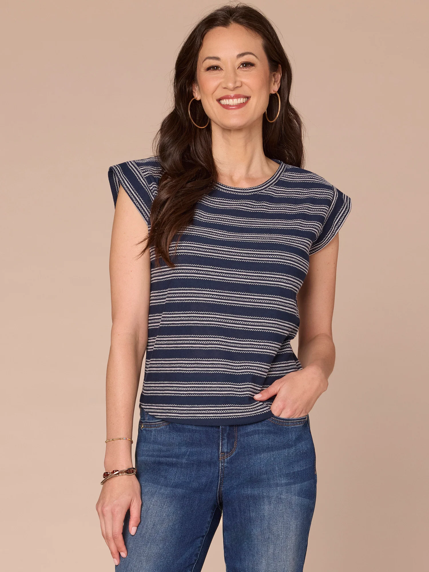 Cap Sleeve Scoop Neck Petite Knit Top with Embroidered Stripes - Legahigh