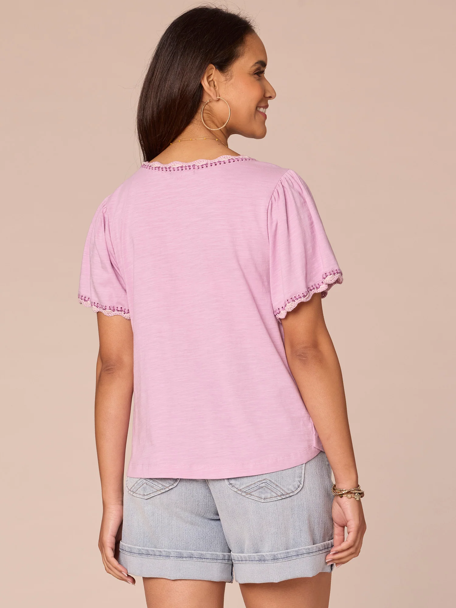 Short Bell Sleeve Scallop Crochet Edge Split V-Neck Petite Knit Top - Legahigh