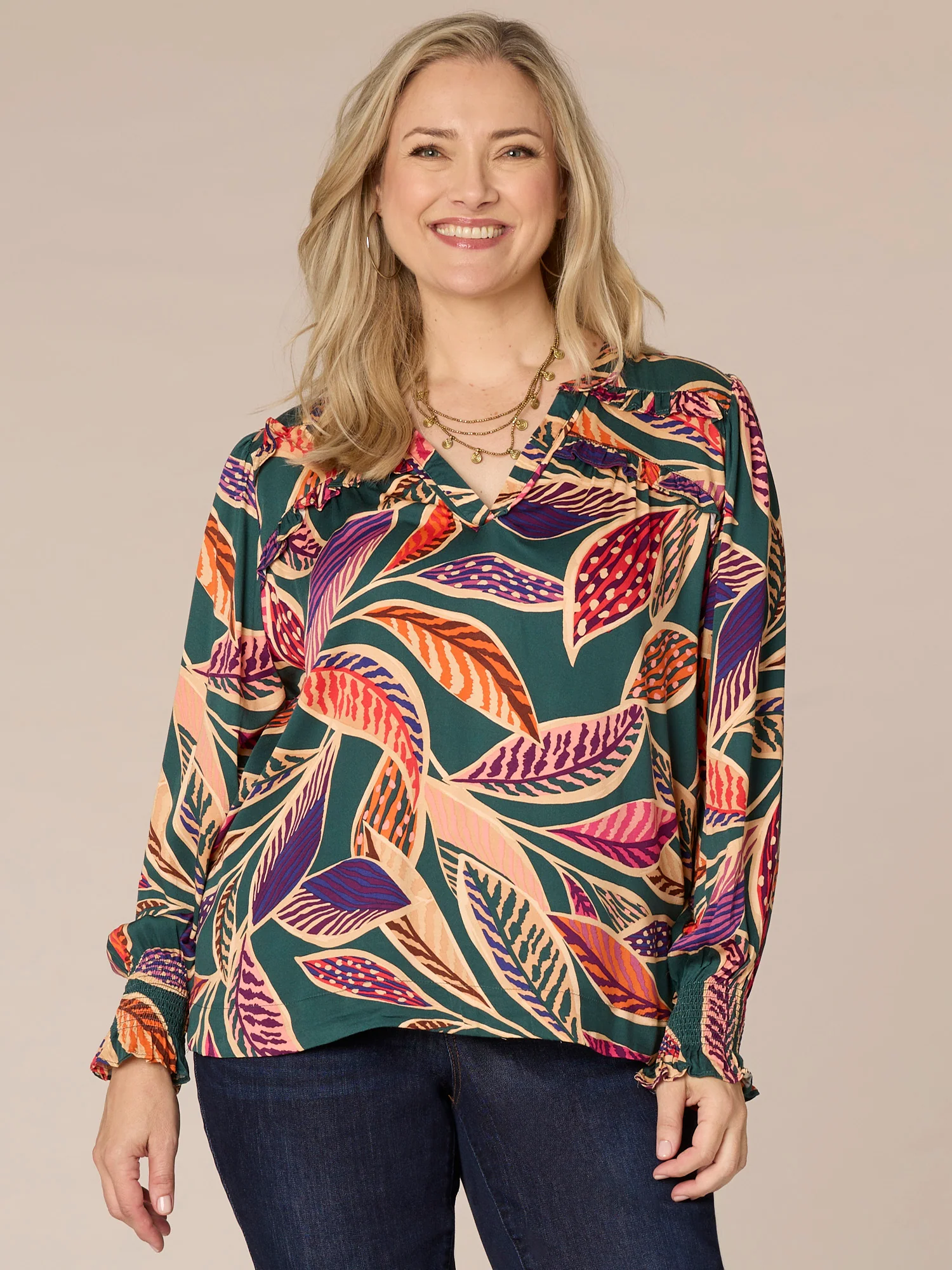 Long Smock Cuff Sleeve Split V-Neck Abstract Print Plus Size Woven Top - Legahigh