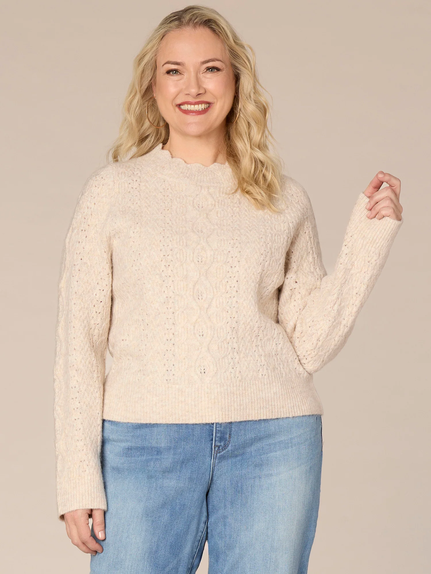 Long Sleeve Scallop Edge Round Neck Plus Size Pointelle Sweater - Legahigh