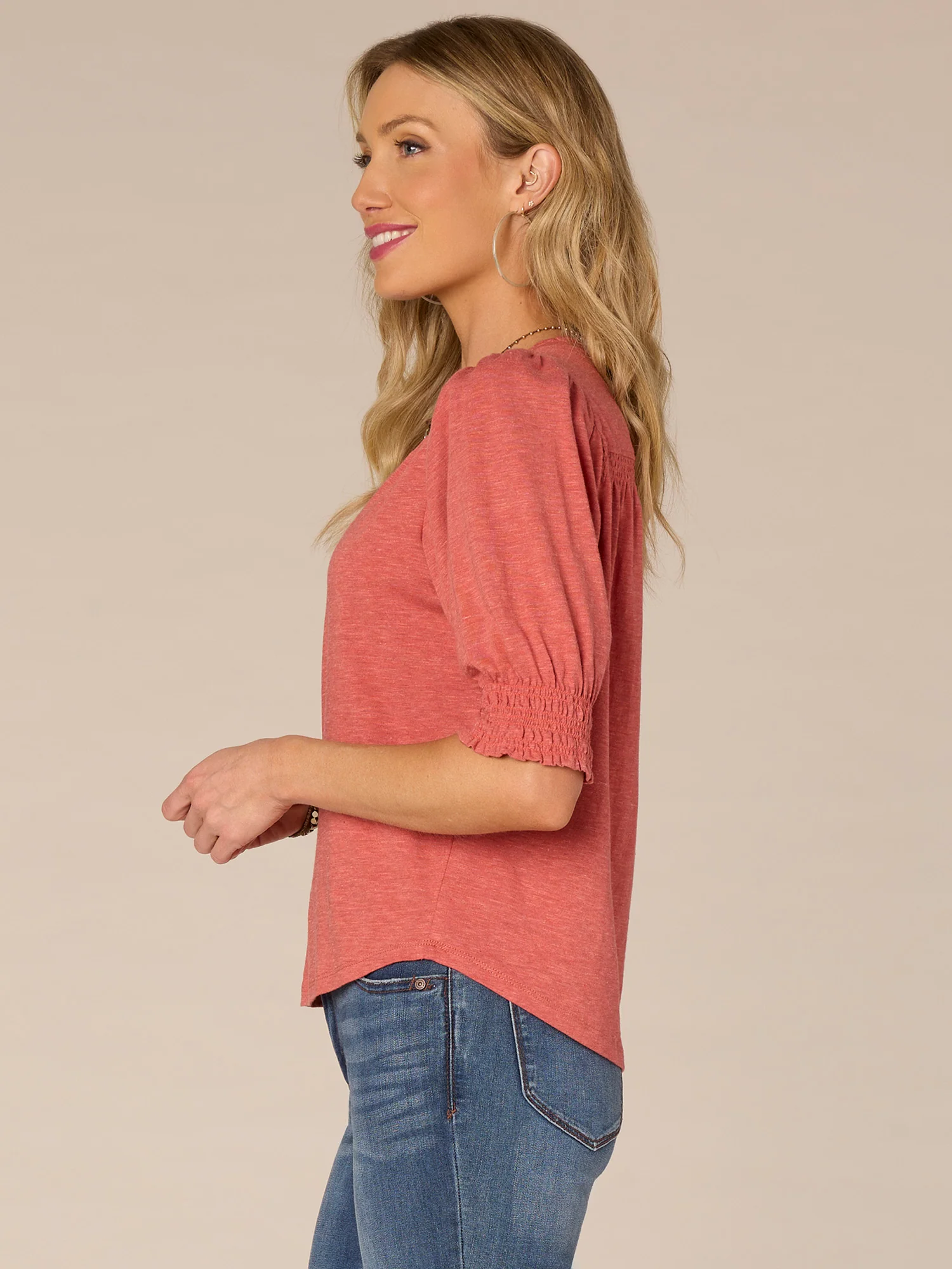 Elbow Blouson Sleeve Scallop V-Neck Knit Top with Smocking Detail - Legahigh