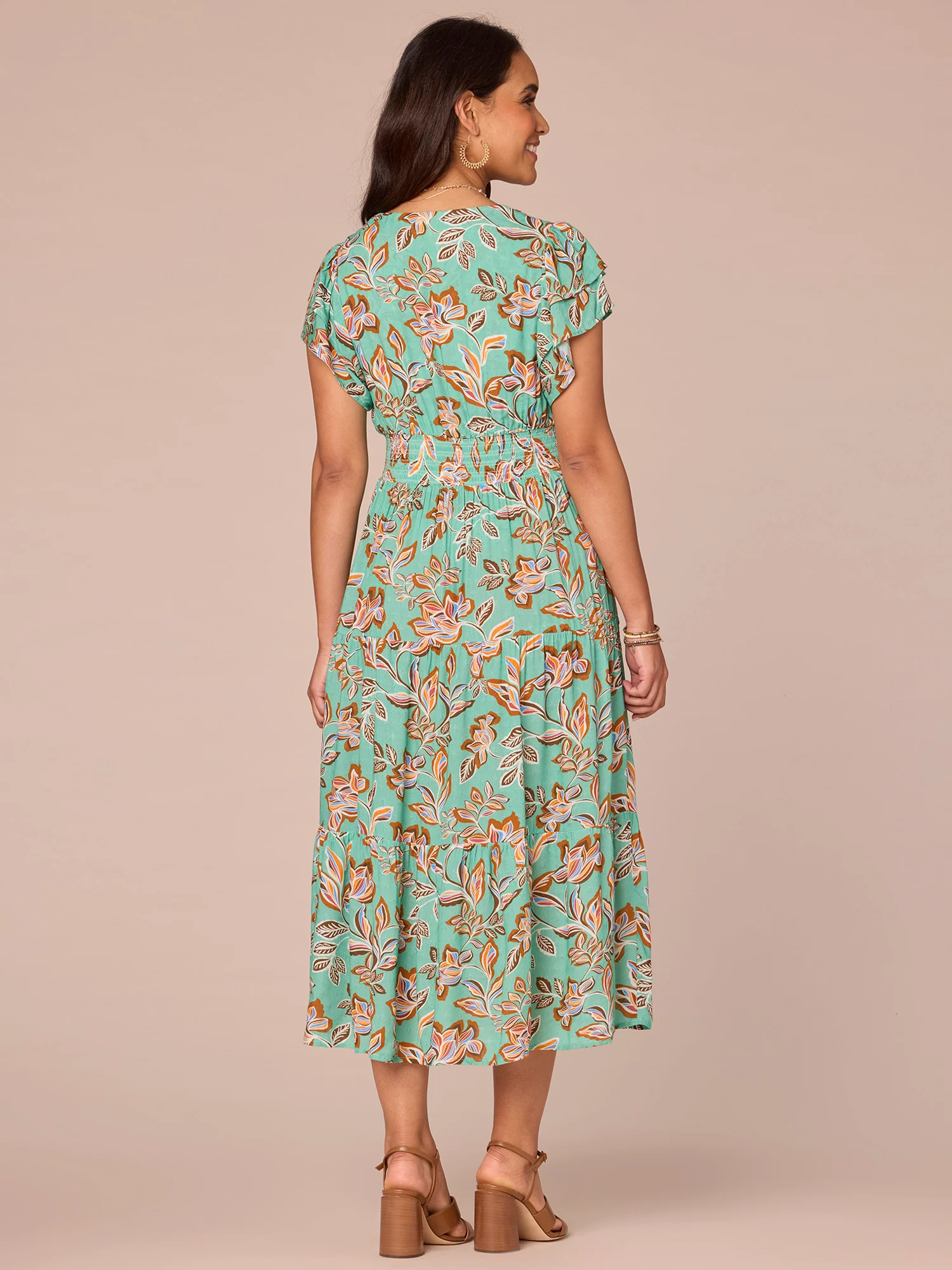 Double Flutter Sleeve V-Neck Smocked Waist Tiered Printed Woven Dress - Legahigh