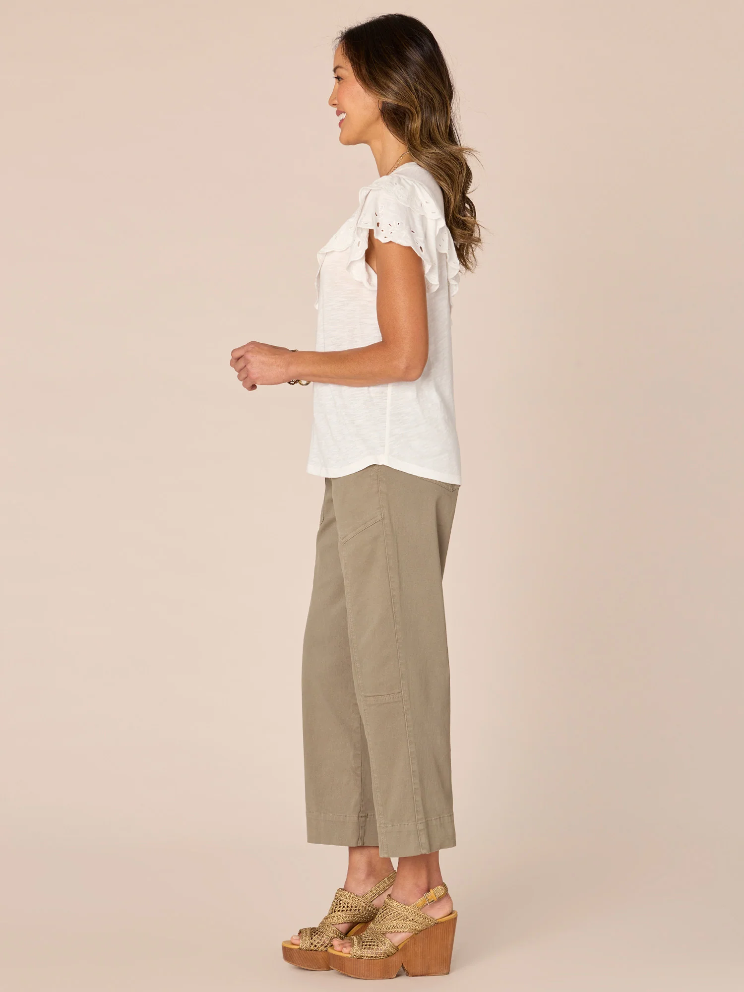 Short Double Ruffle Raglan Sleeve Scoop Neck Embroidered Knit Top - Legahigh