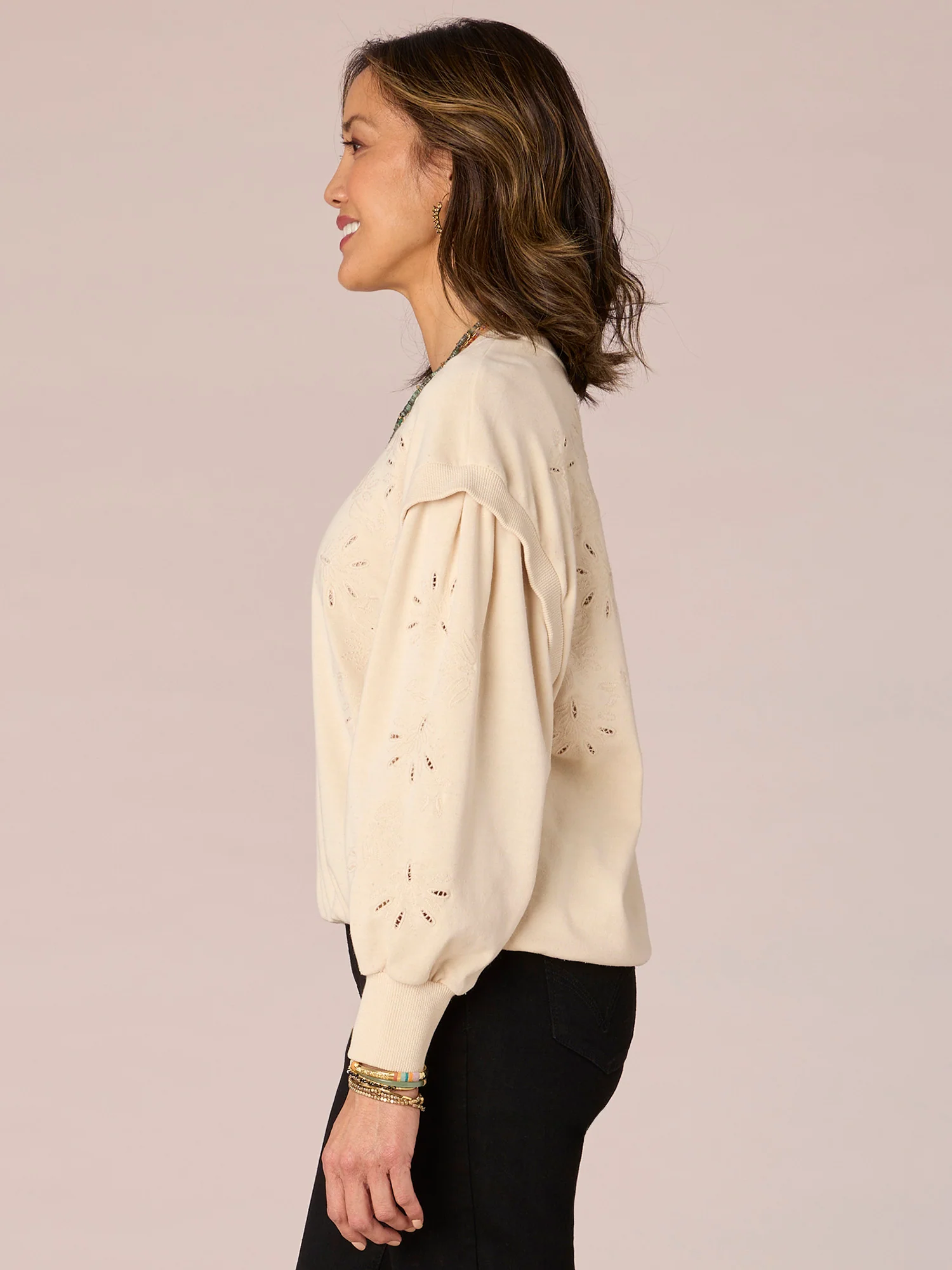 Long Sleeve Flange Shoulder Scoop Neck Mineral Wash Sweatshirt - Legahigh