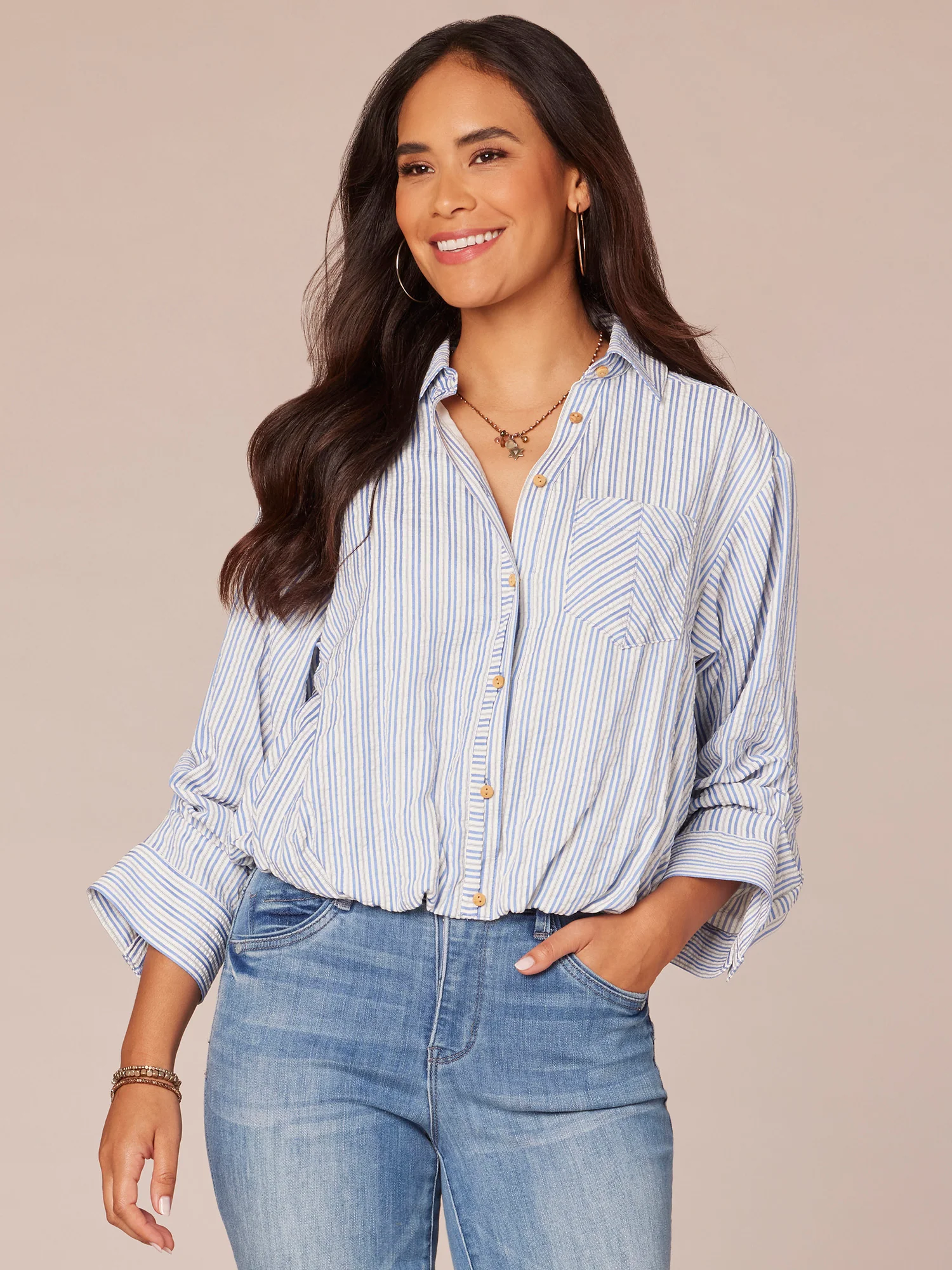 Three Quarter Tucked Sleeve Button Down Spliced Stripe Woven Shirt - Legahigh