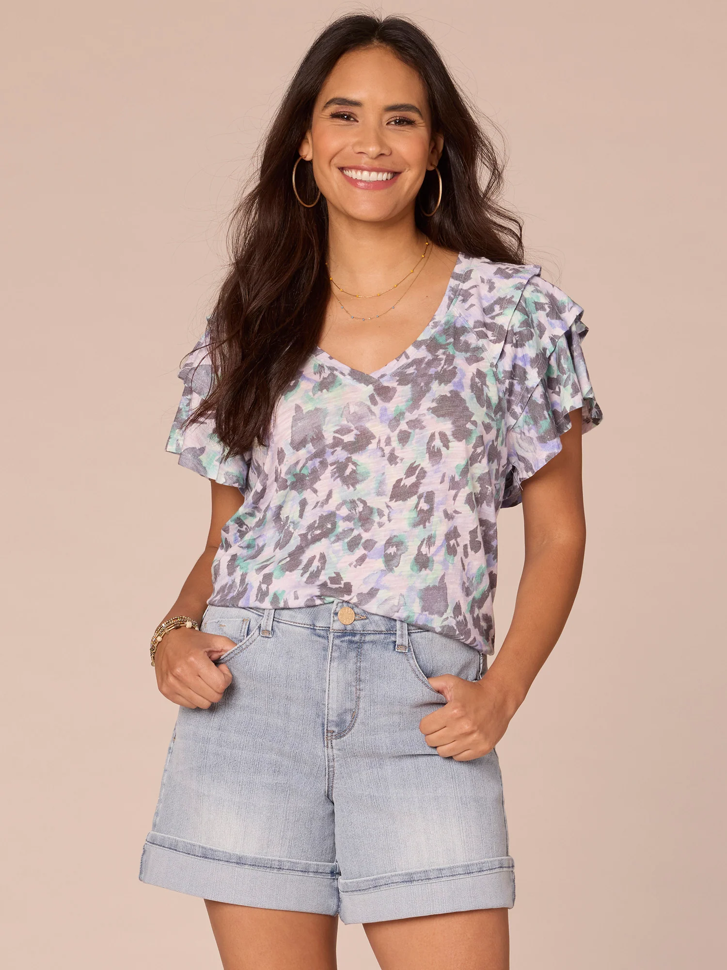 Short Three Tiered Bell Sleeve V-Neck Printed Knit Top - Legahigh