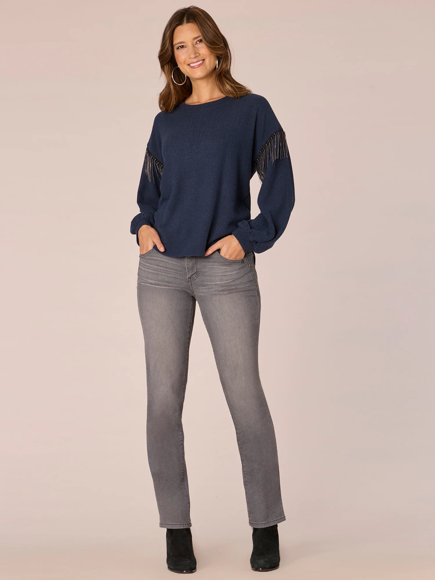 Long Drop Shoulder Sleeve Scoop Neck Rhinestone Fringe Knit Top - Legahigh