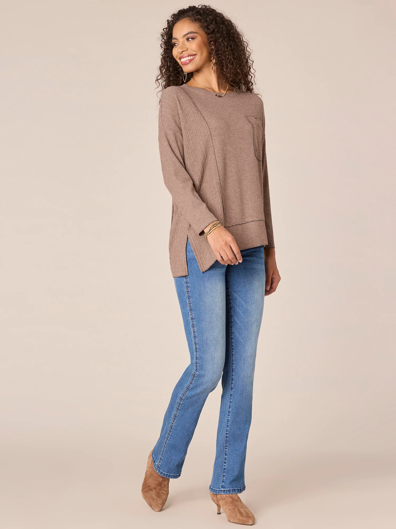 Long Sleeve Scoop Neck Asymmetrical Hem Mixed Media Knit Top - Legahigh