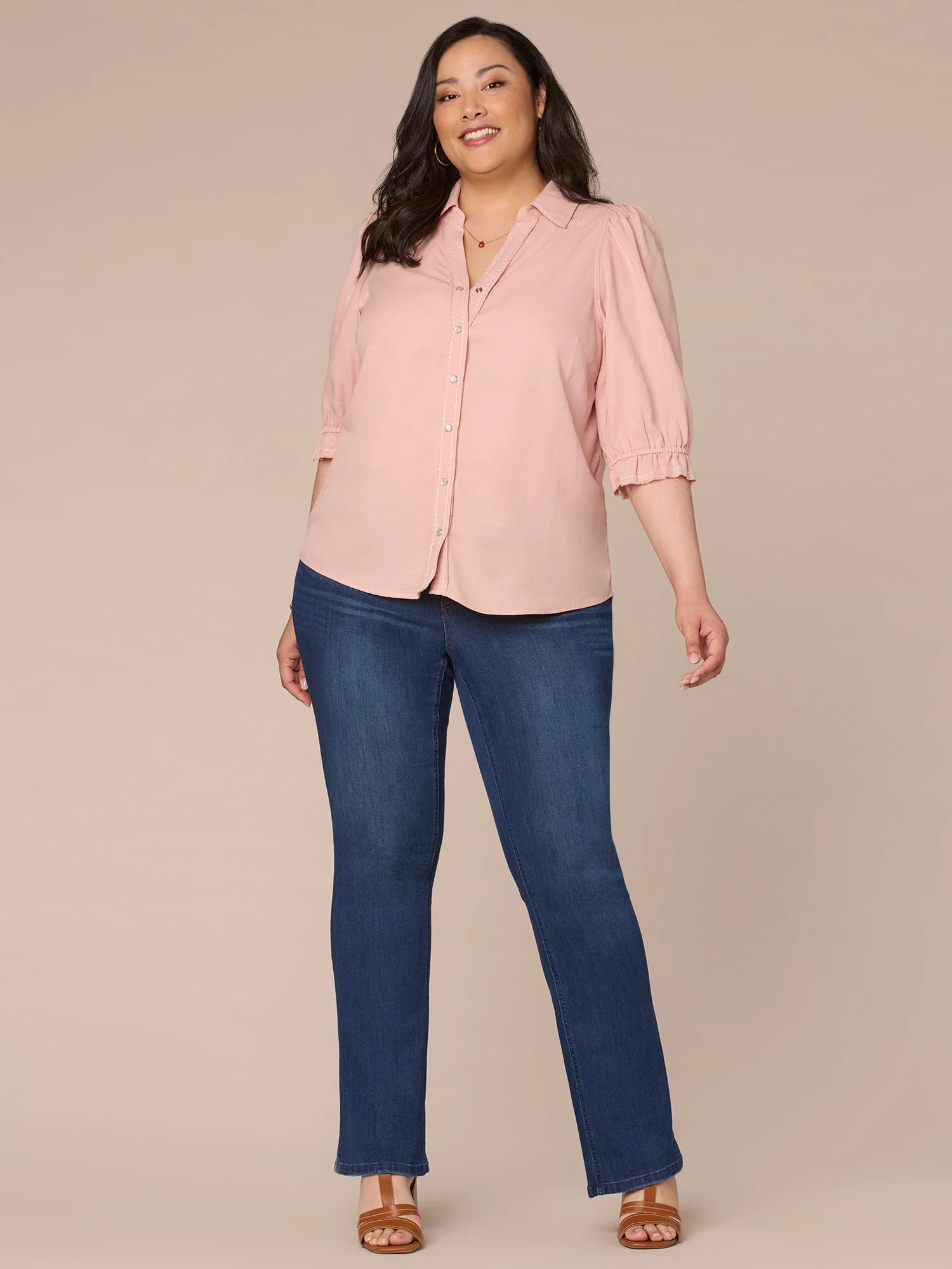 Below Elbow Sleeve Western Yoke Snap Button Plus Size Woven Shirt - Legahigh