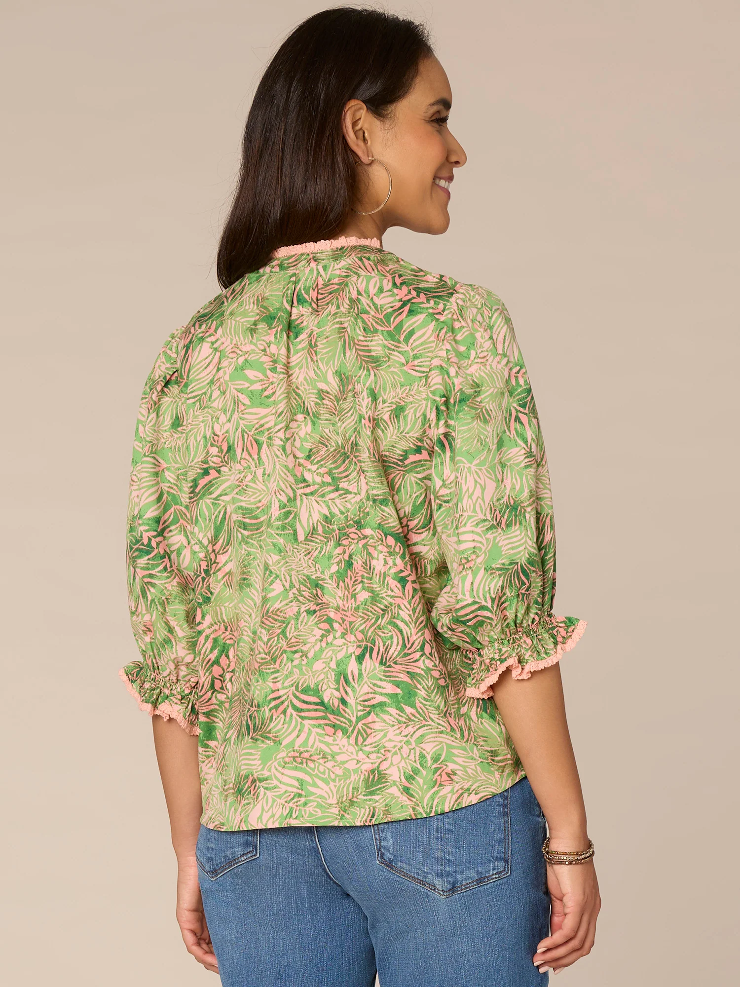 Crochet Sleeve Stand Collar Button Placket Printed Petite Woven Top - Legahigh