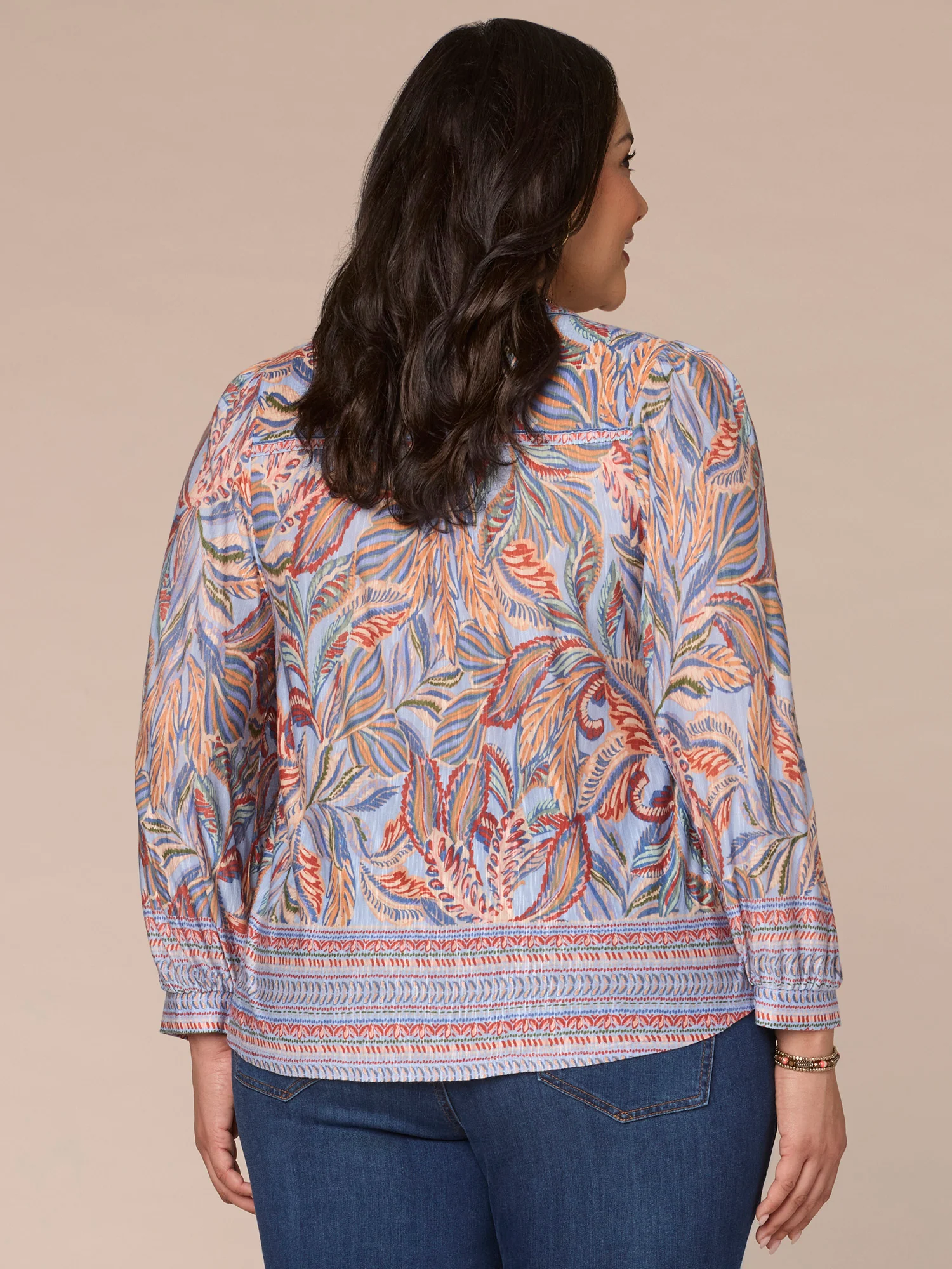 Three Quarter Sleeve Split Neck Border Print Plus Size Knit Top - Legahigh