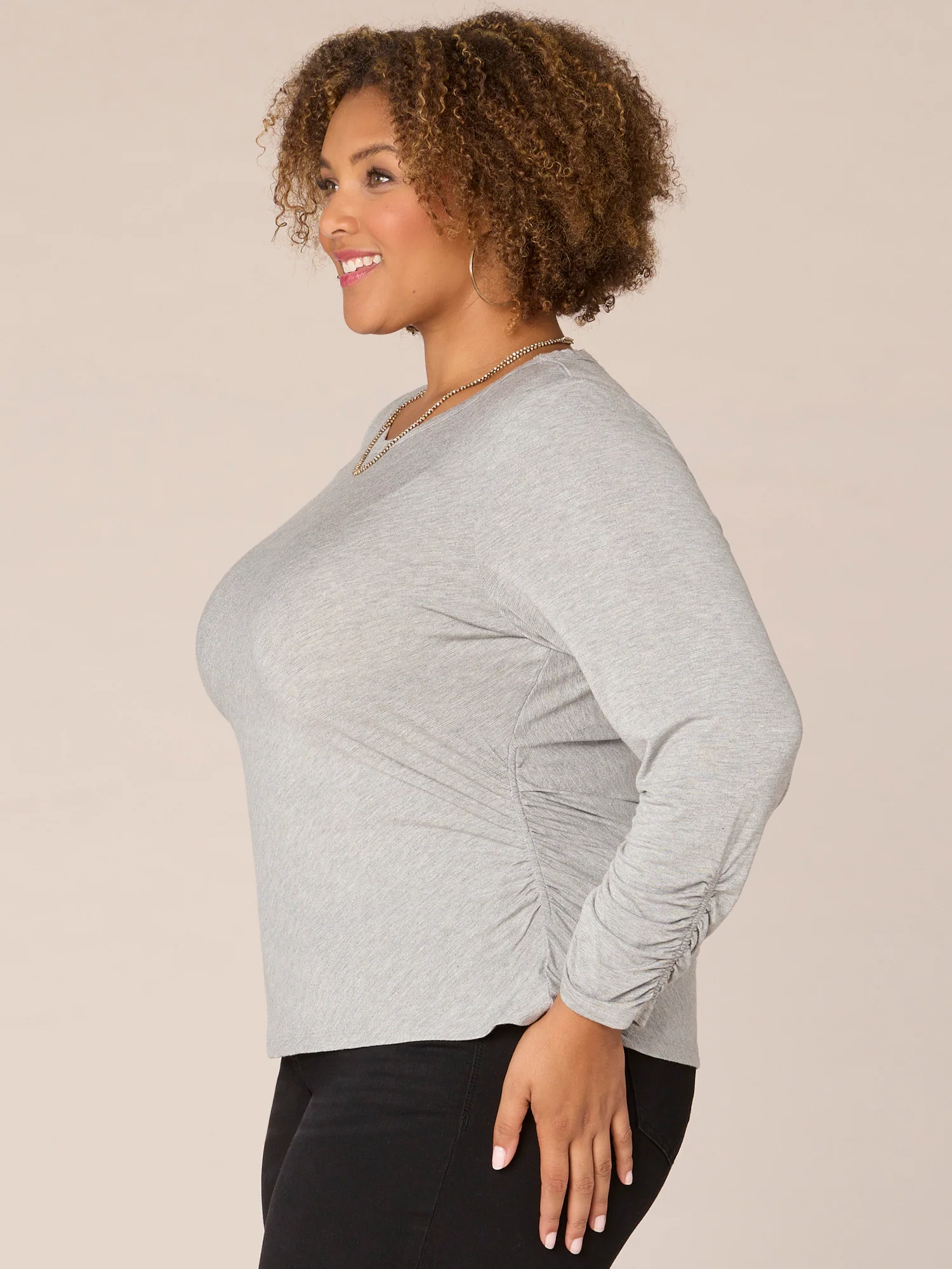 Three Quarter Ruched Sleeve Scoop Neck Plus Size Knit Top - Legahigh