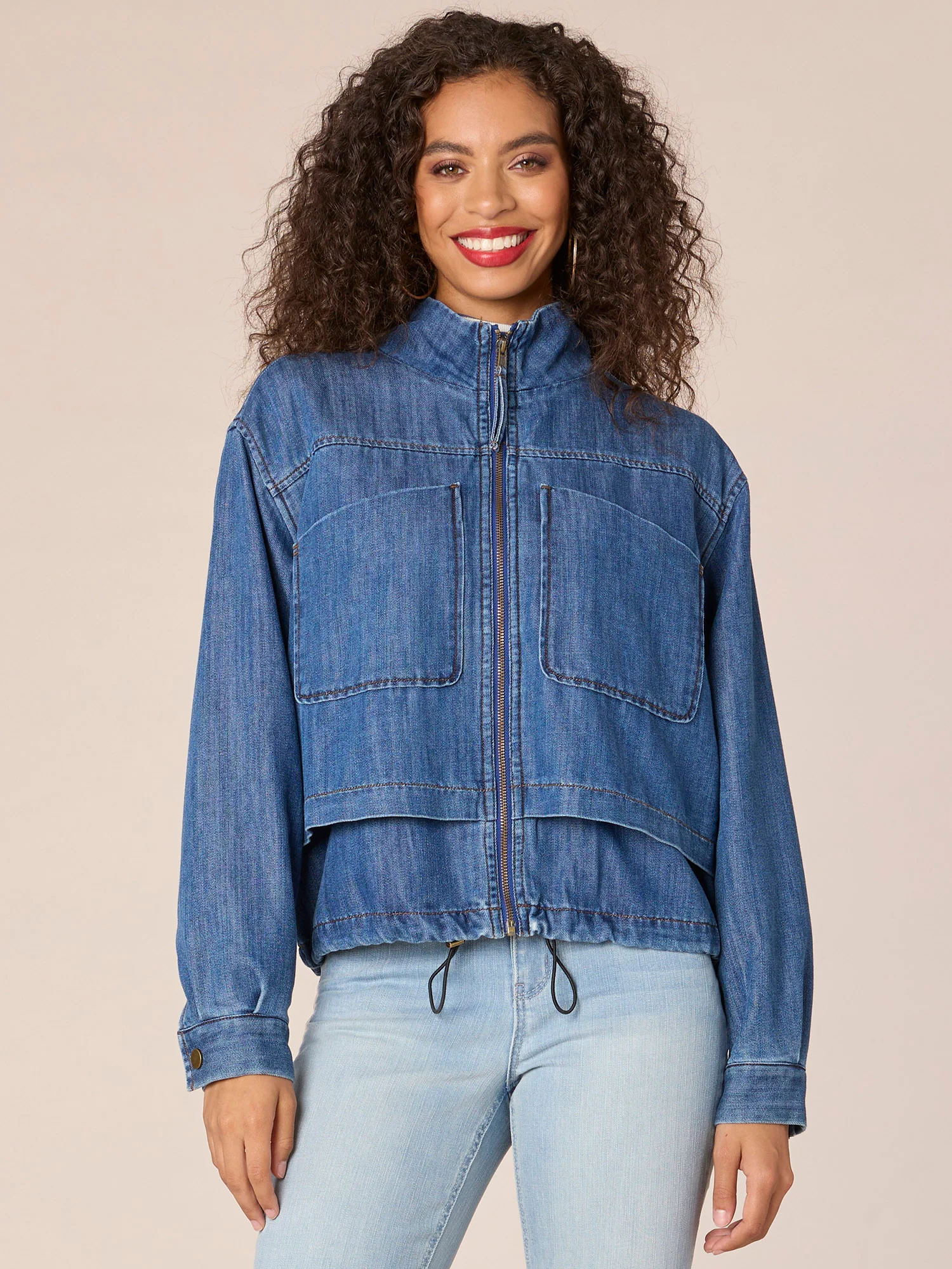 Long Sleeve High Neck Double Layer Zip Front Bomber Jacket - Legahigh