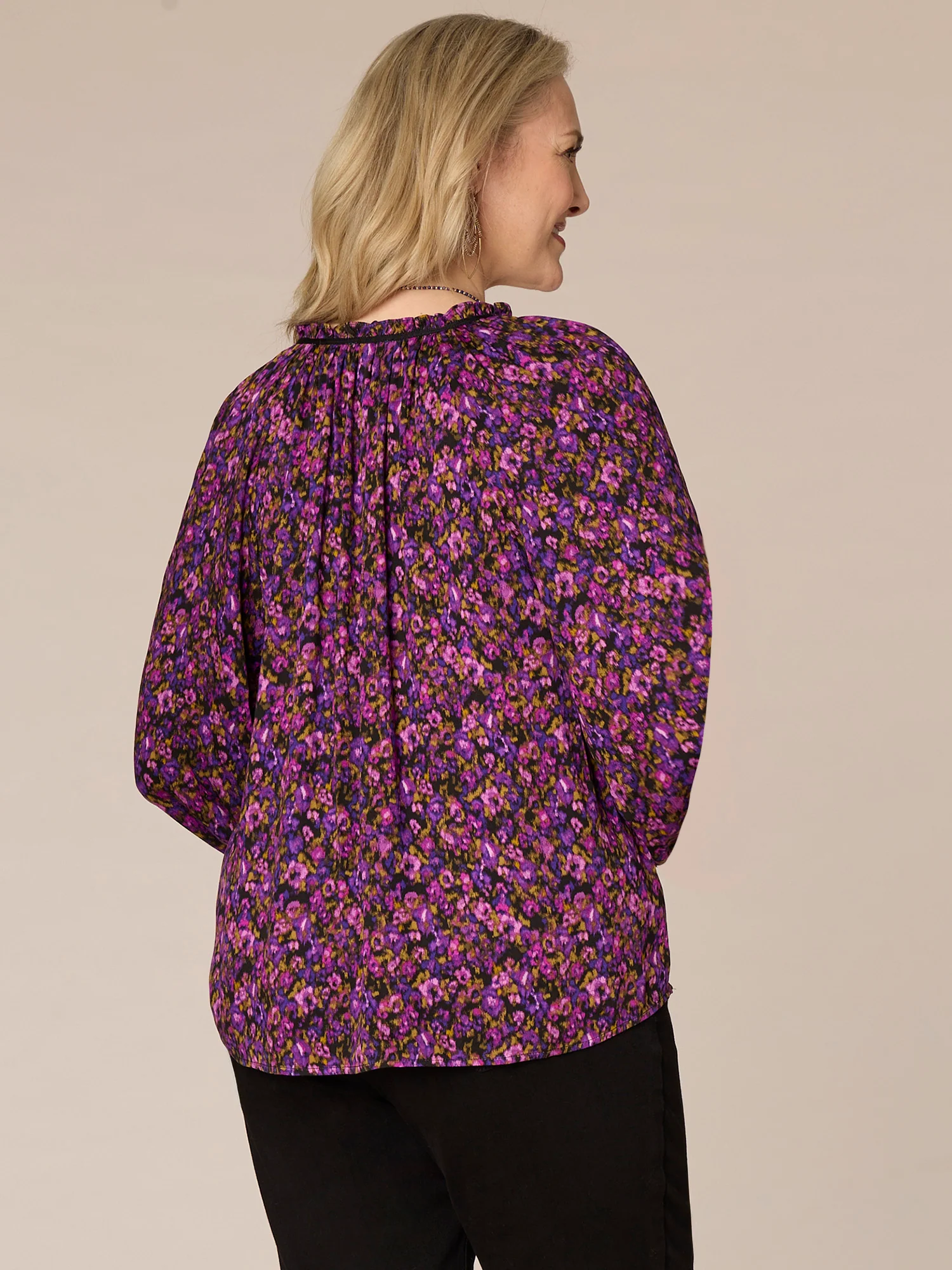 Smock Cuff Sleeve Ruffle Edge V-Neck Floral Print Plus Size Woven Top - Legahigh