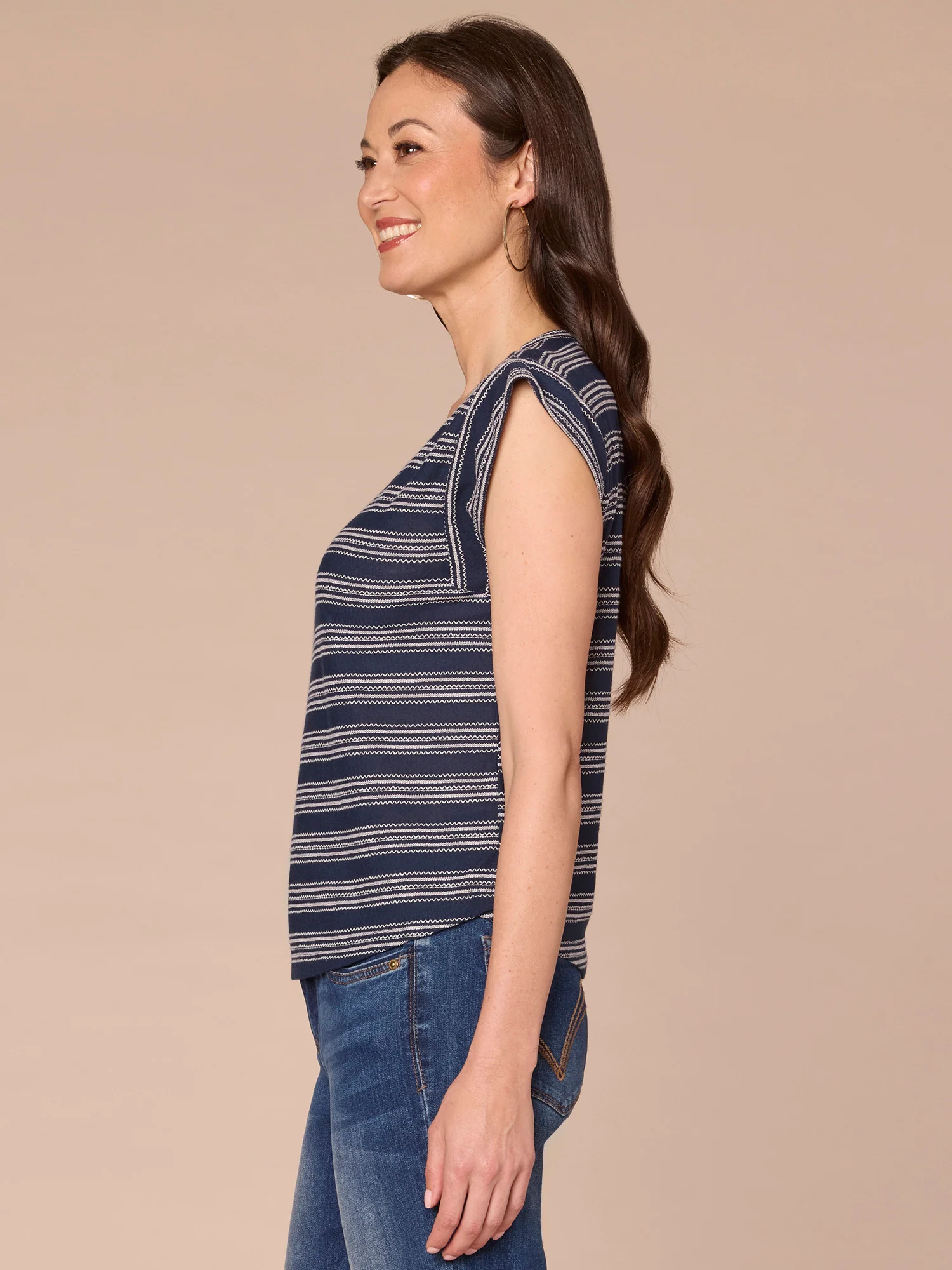 Cap Sleeve Scoop Neck Petite Knit Top with Embroidered Stripes - Legahigh