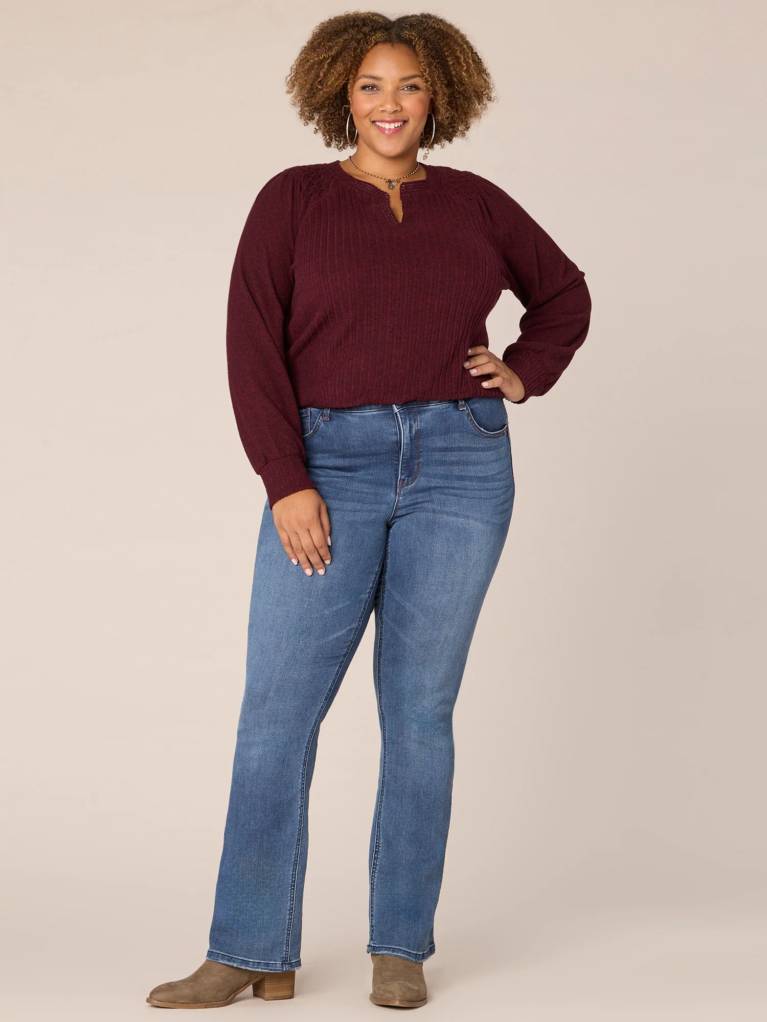 Long Smocked Sleeve Mandarin Collar Half Placket Plus Size Knit Top - Legahigh