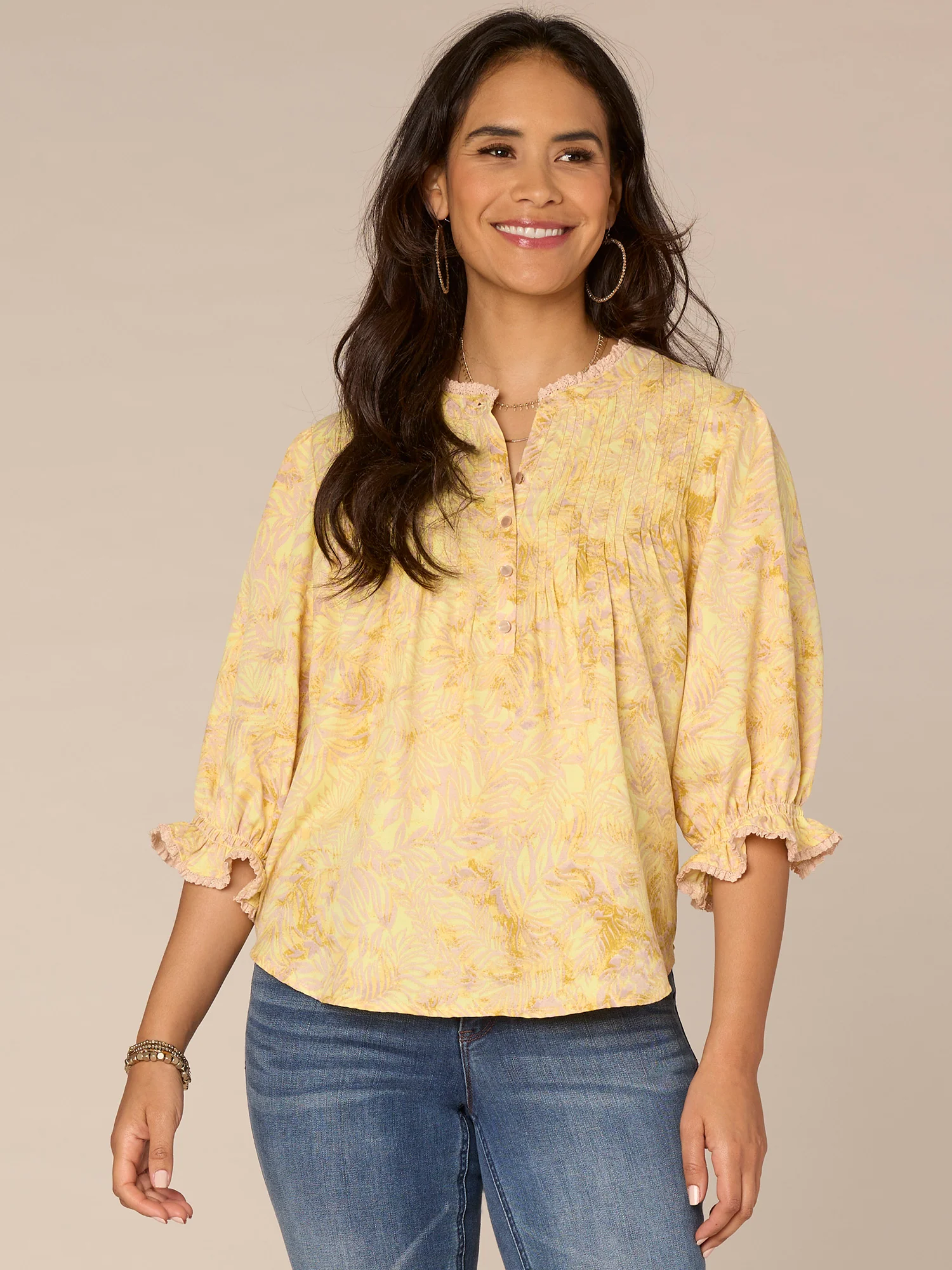 Elbow Lantern Sleeve Stand Collar Button Placket Leaf Print Woven Top - Legahigh