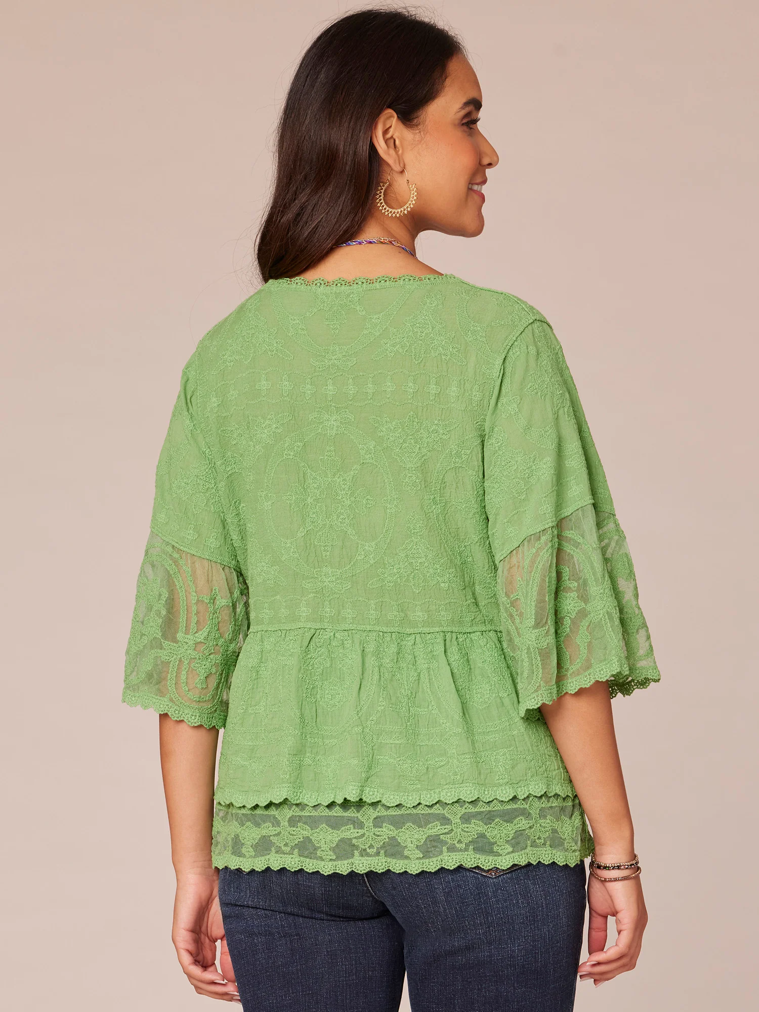 Bell Sleeve Scoop Neck Double Flounce Peplum Petite Hem Woven Top - Legahigh