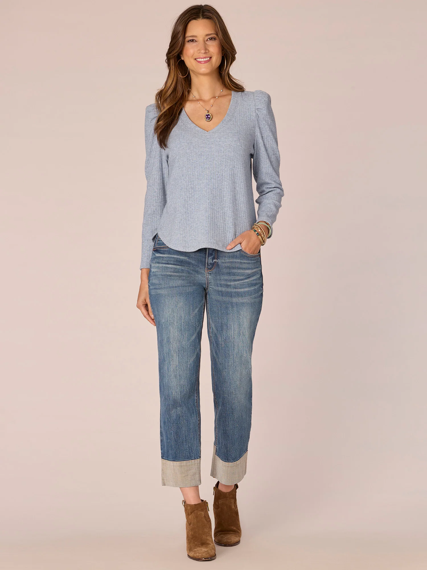Long Puff Sleeve V-Neck Shirttail Hem Knit Top - Legahigh