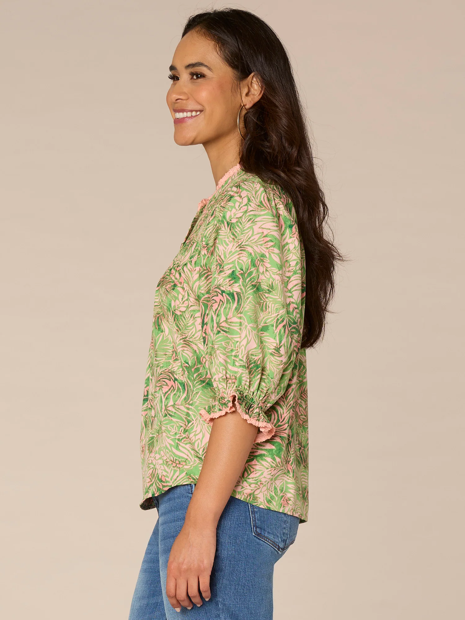 Elbow Lantern Sleeve Stand Collar Button Placket Leaf Print Woven Top - Legahigh