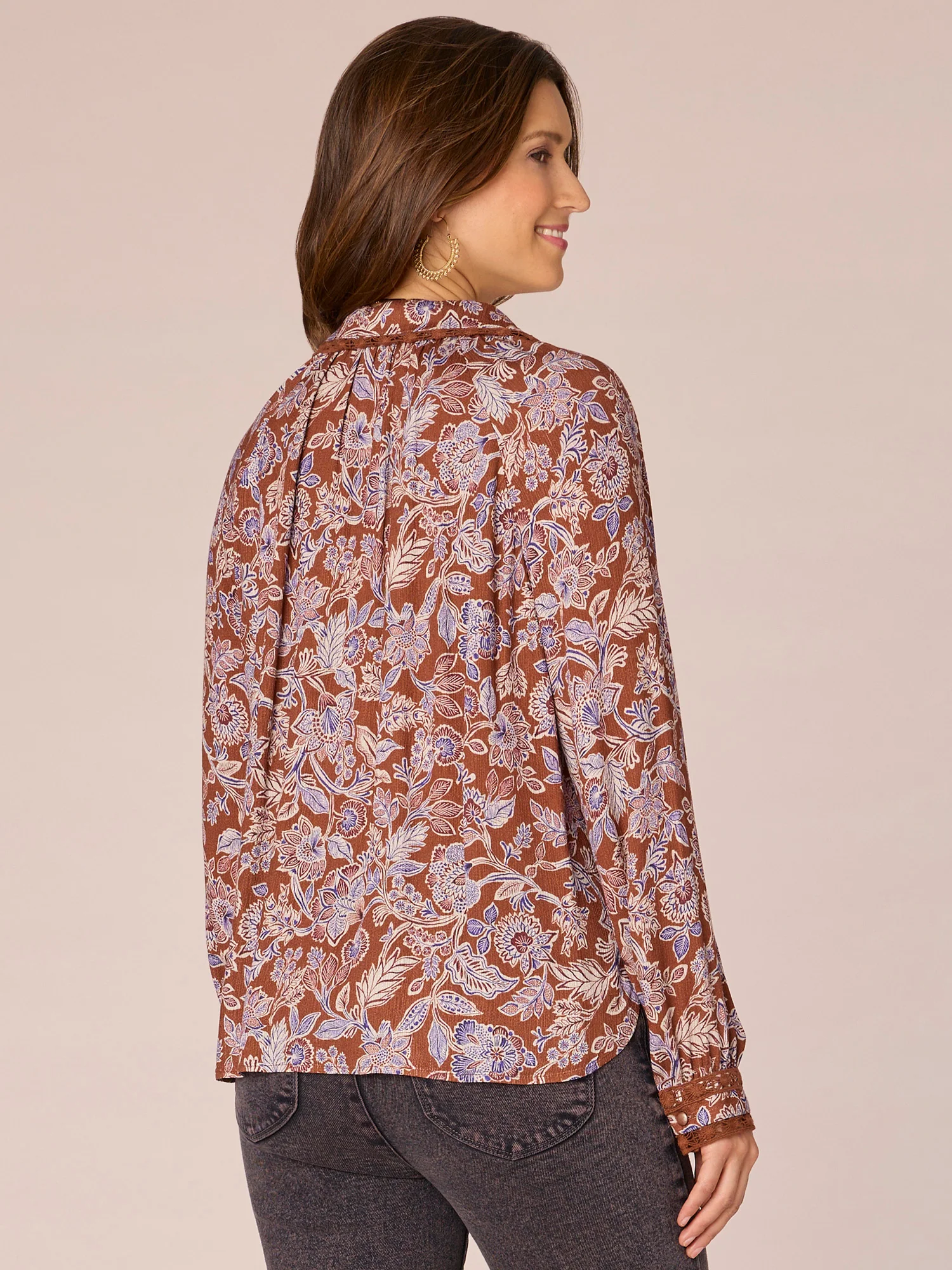 Long Sleeve Crochet Inset Placket Floral Print Woven Shirt - Legahigh