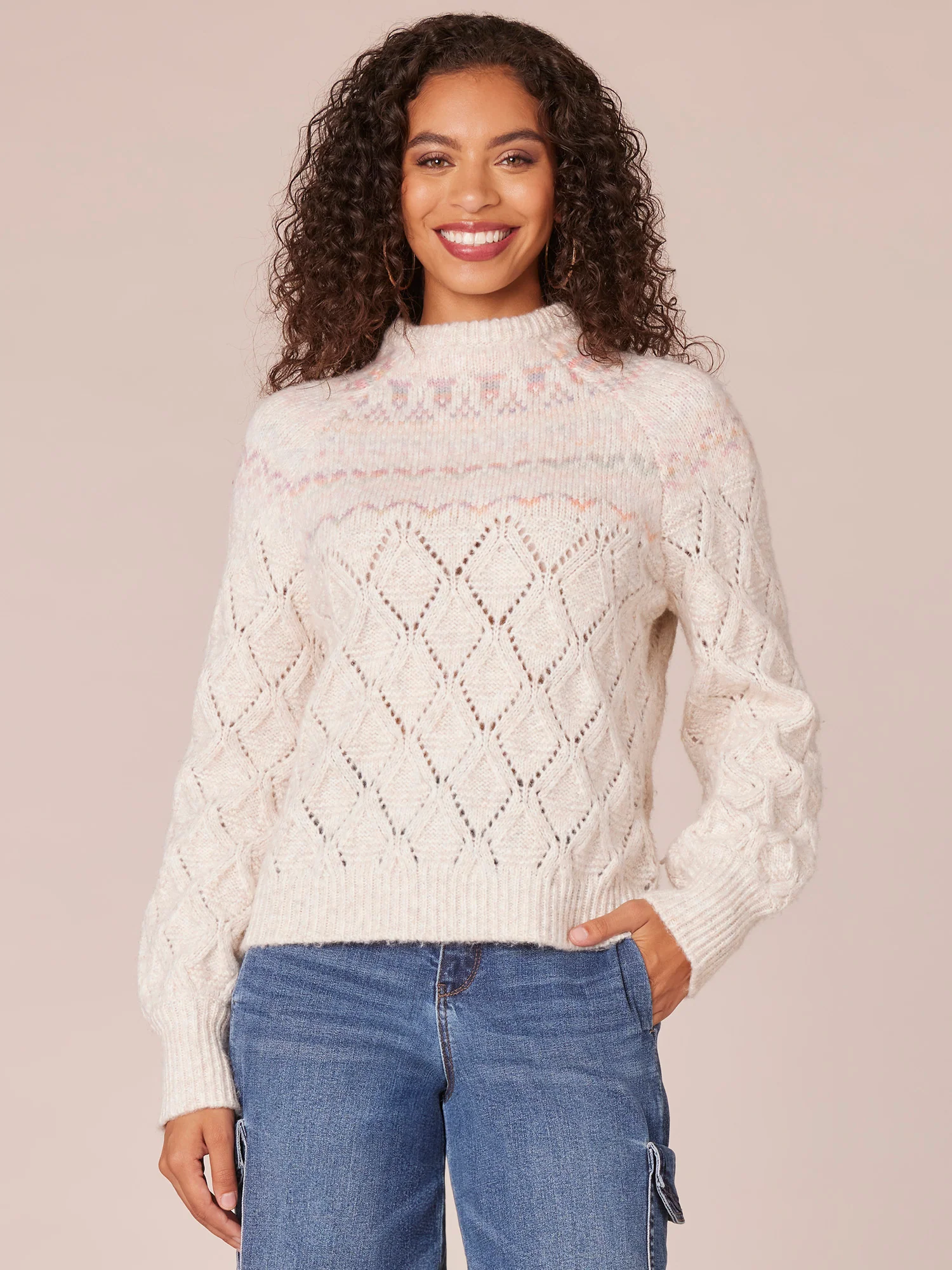 Long Sleeve Round Neck Fair Isle Pointelle Petite Sweater - Legahigh