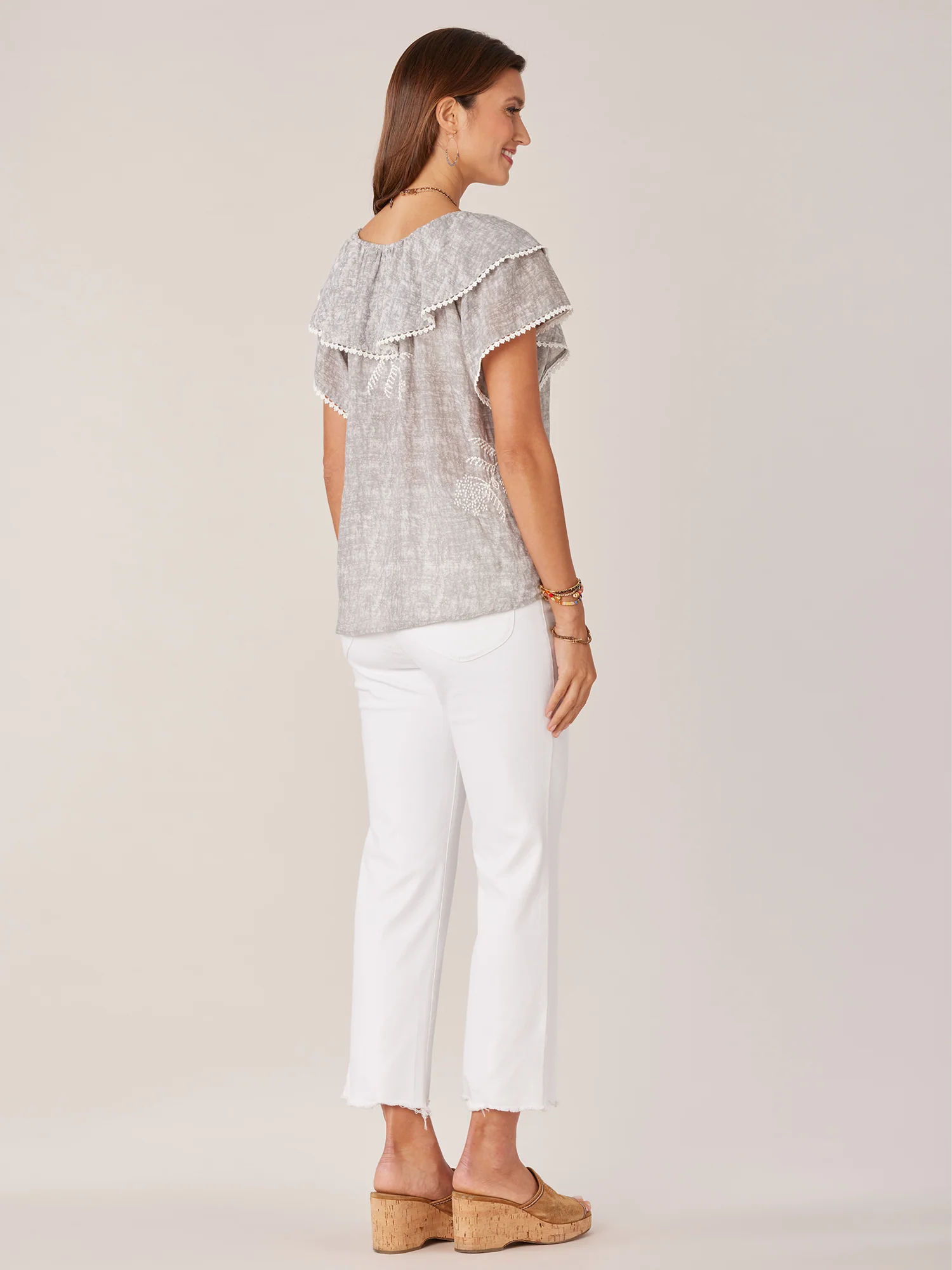 Double Layer Short Flounce Sleeve Round Neck Embroidered Woven Top - Legahigh