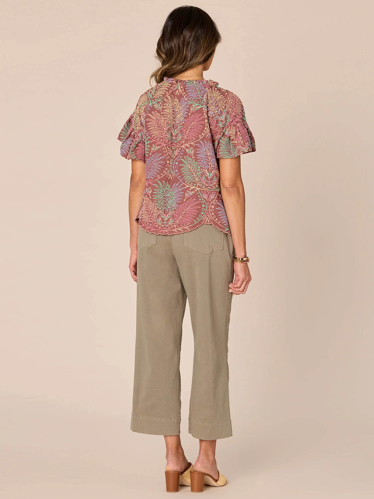 Short Ruffle Sleeve Split Neck Eyelet Printed Petite Woven Top - Legahigh