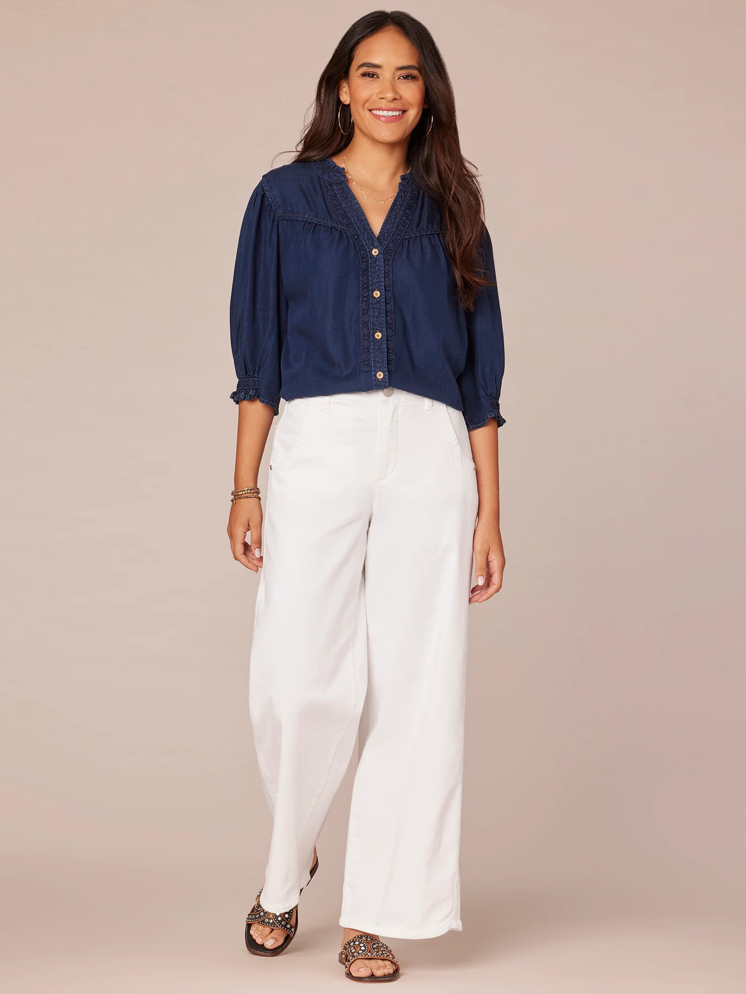 Cinched Band Sleeve V-Neck Button Down Crochet Inset Petite Woven Top - Legahigh