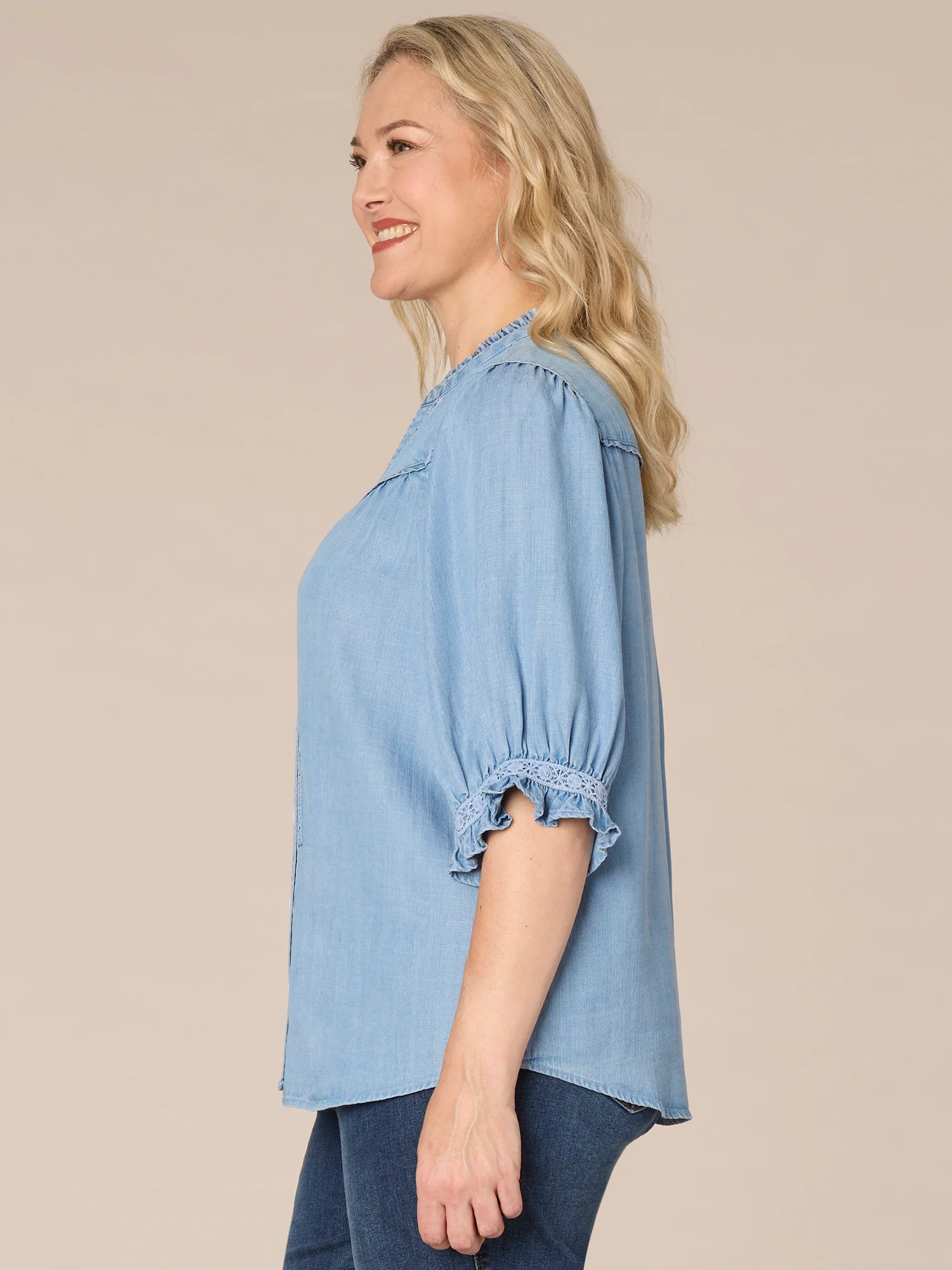 Cinched Band Sleeve Collared Neck Crochet Inset Plus Size Woven Top - Legahigh