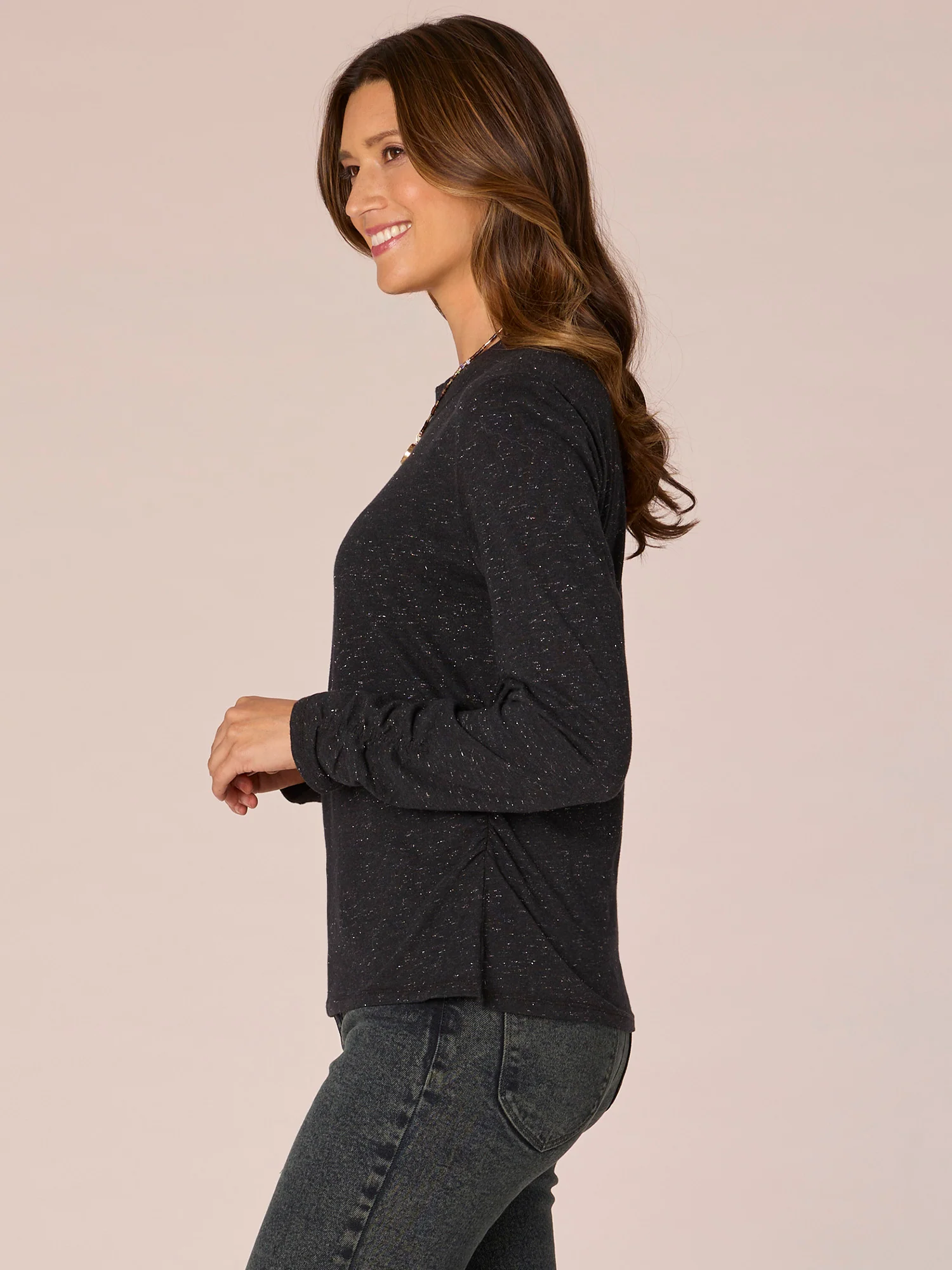 Long Sleeve Crew Neck Metallic Thread Knit Top - Legahigh