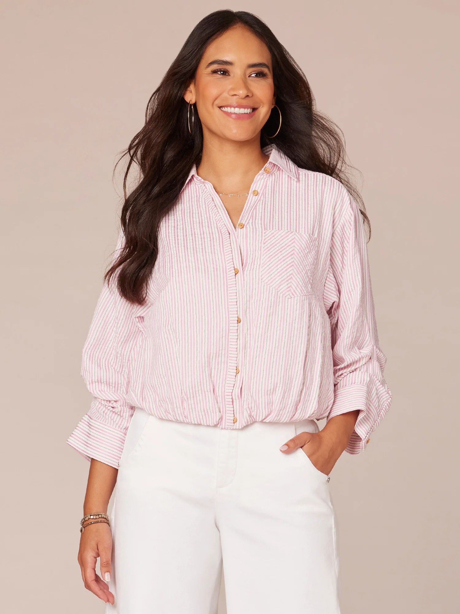 Three Quarter Tucked Sleeve Button Down Spliced Stripe Woven Shirt - Legahigh