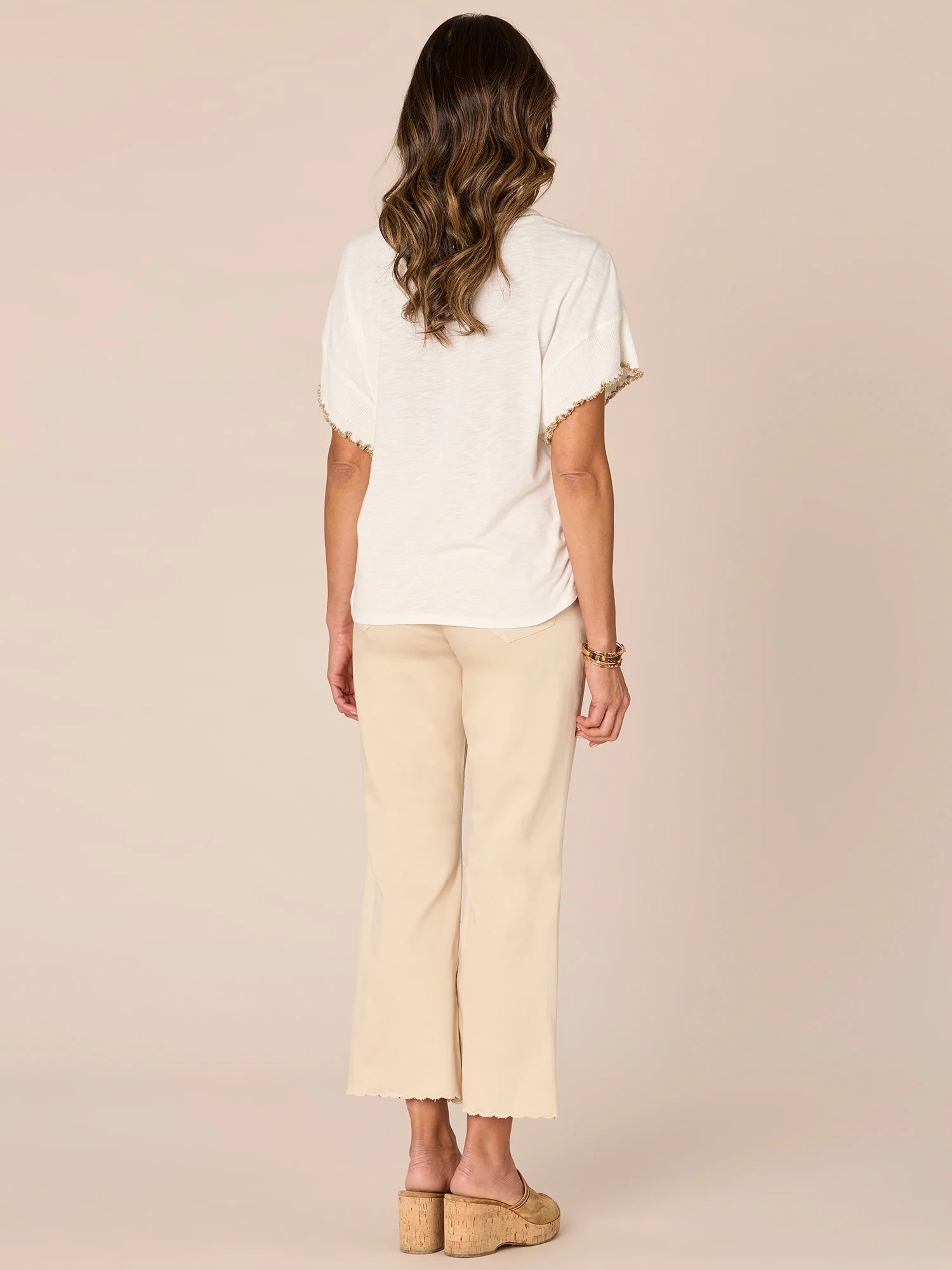 Extended Short Sleeve Round Neck Woven Top with Metallic Tipping - Legahigh