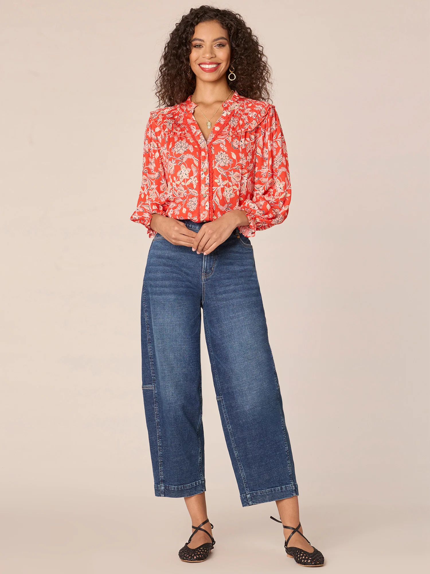 Three Quarter Sleeve Crochet-Lined V-Neck Printed Petite Woven Top - Legahigh