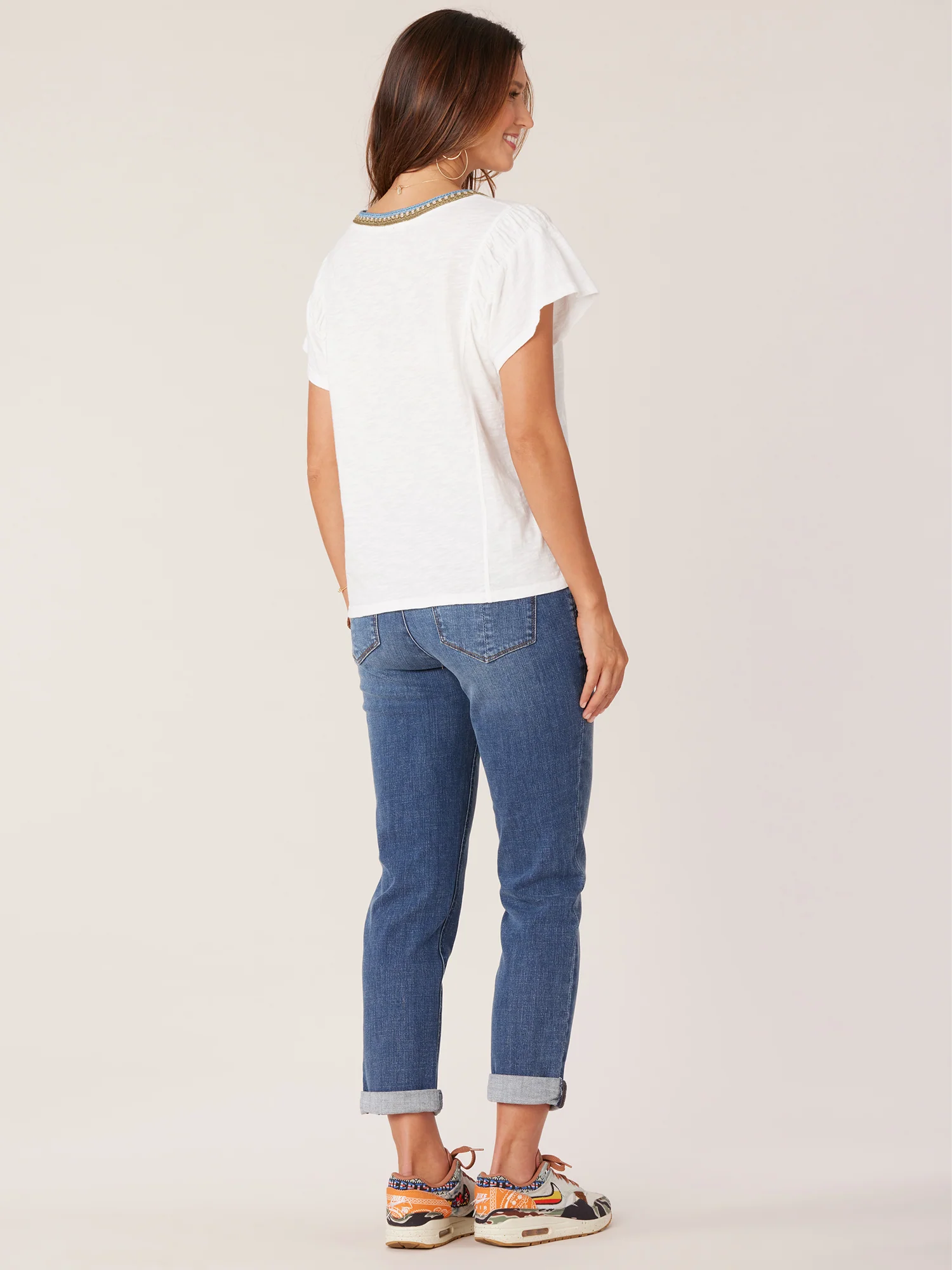 Short Flutter Sleeve Scoop Crochet Neck Knit Top with Ruched Armholes - Legahigh