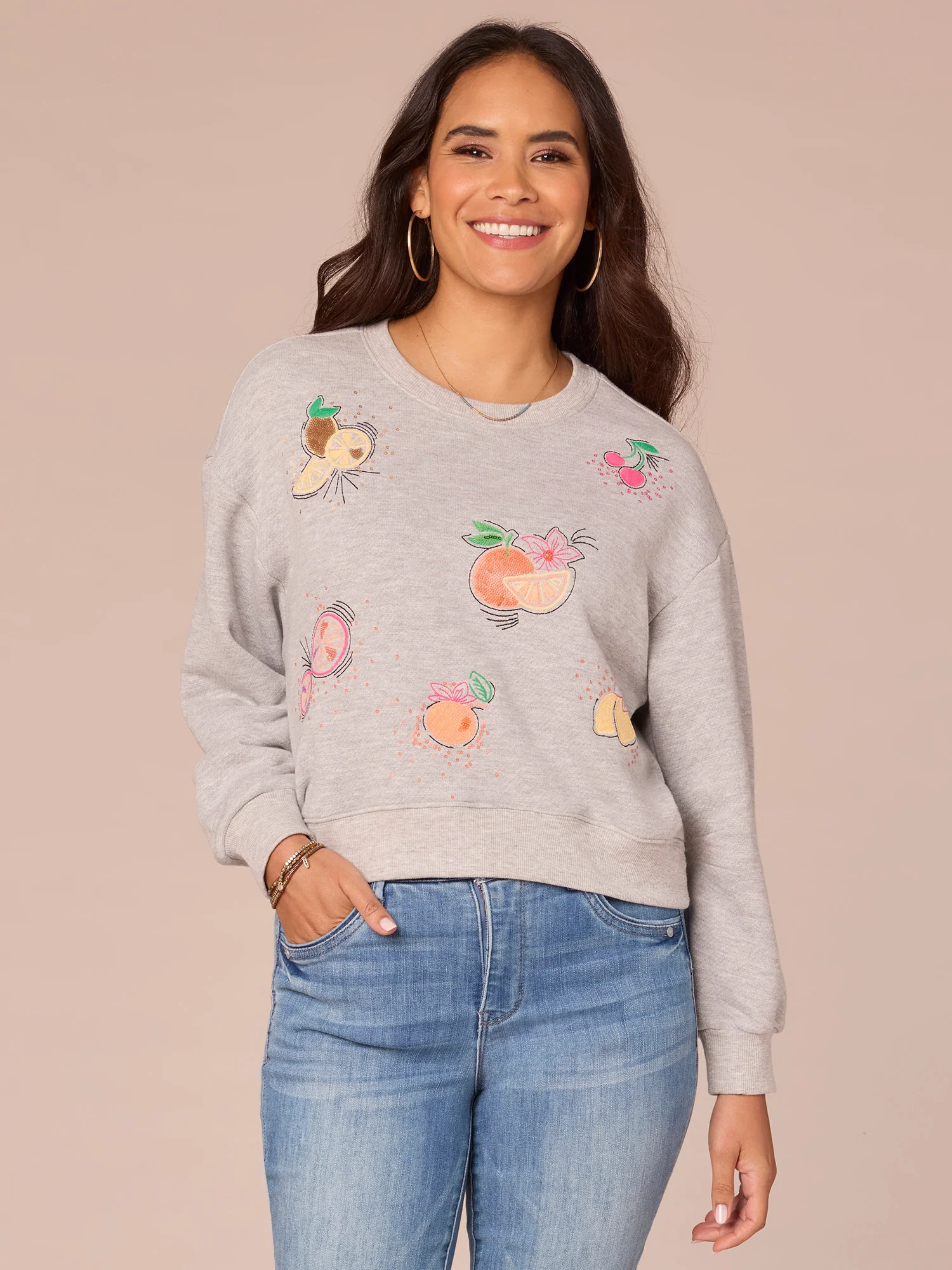 Three Quarter Sleeve Scoop Neck Embroidered Petite Knit Sweatshirt - Legahigh