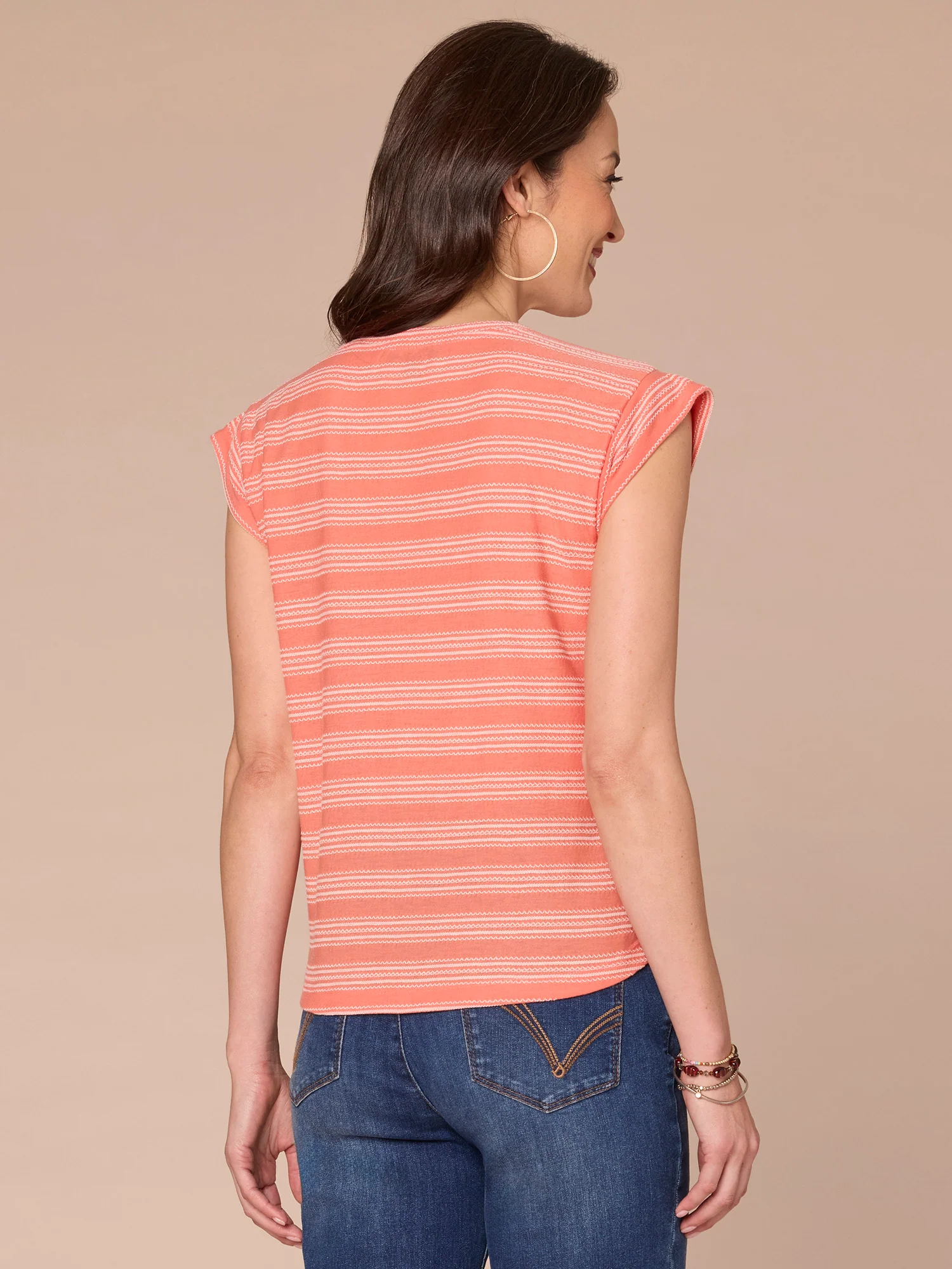 Cap Sleeve Scoop Neck Embroidered Stripe Knit Top - Legahigh