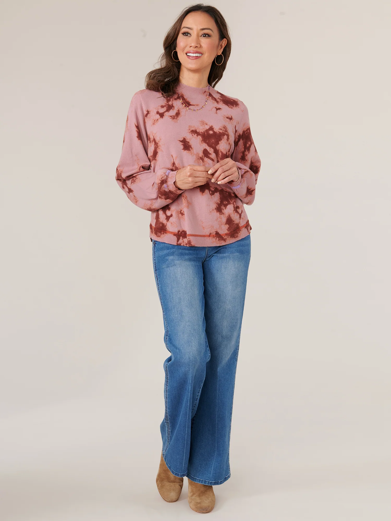 Long Blouson Sleeve Mock Neck Side Overlap Rounded Hem Printed Sweater - Legahigh