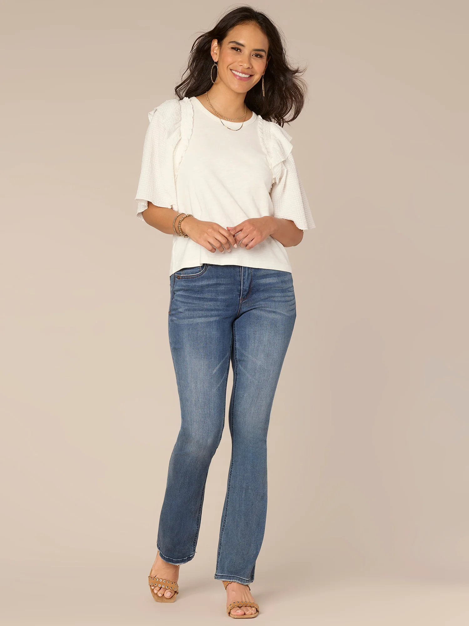 Smock Short Sleeve Ruffle Shoulder Round Neck Mixed Media Top - Legahigh