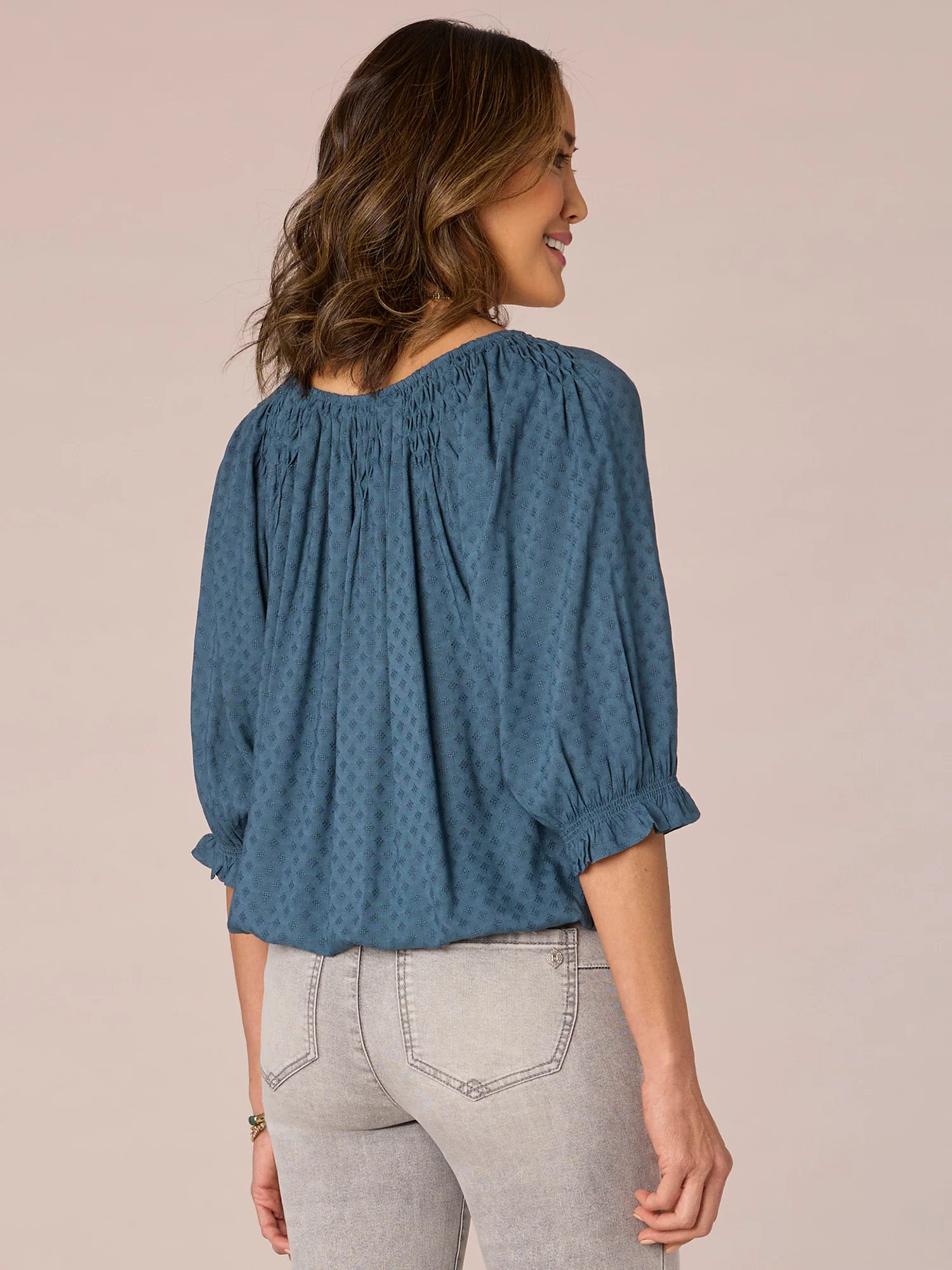 Elbow Ruffle Edge Sleeve Scoop Neck Bubble Hem Petite Woven Top - Legahigh