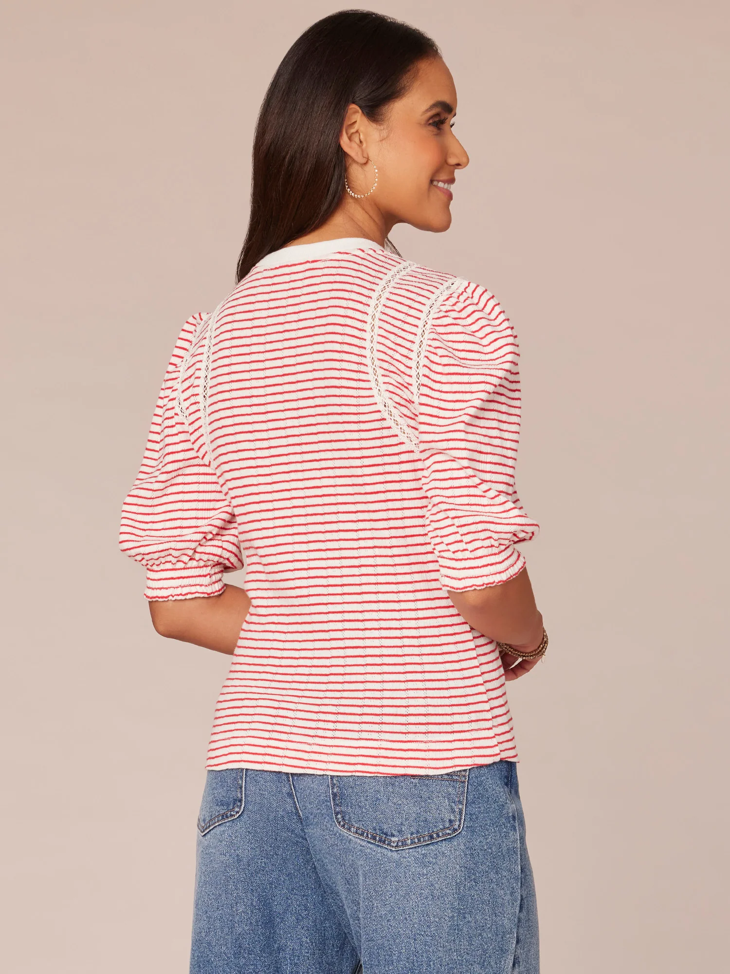 Elbow Sleeve Crew Neck Stripe Print Knit Top with Crochet Stitch - Legahigh