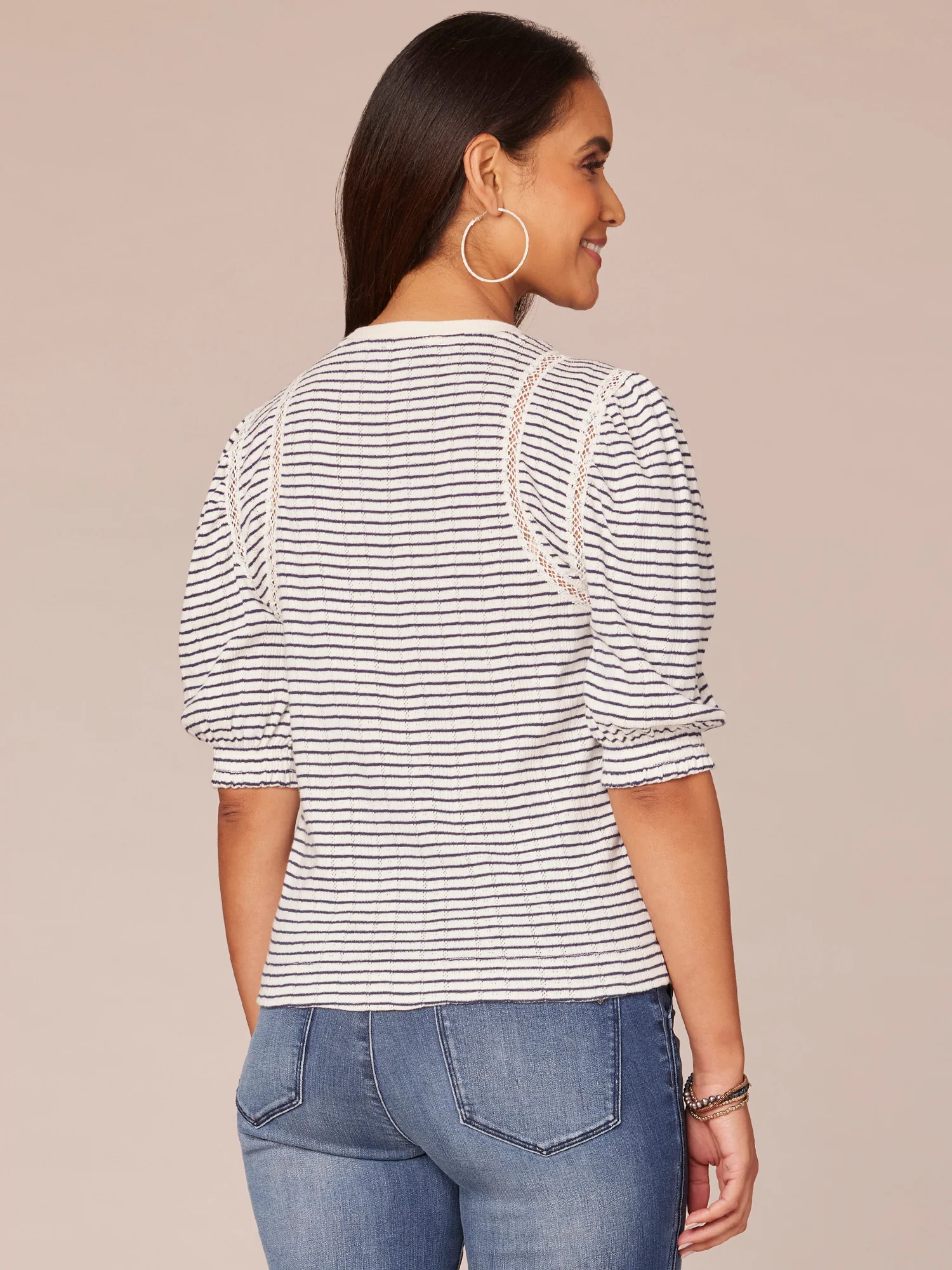 Elbow Sleeve Crew Neck Stripe Print Knit Top with Crochet Stitch - Legahigh