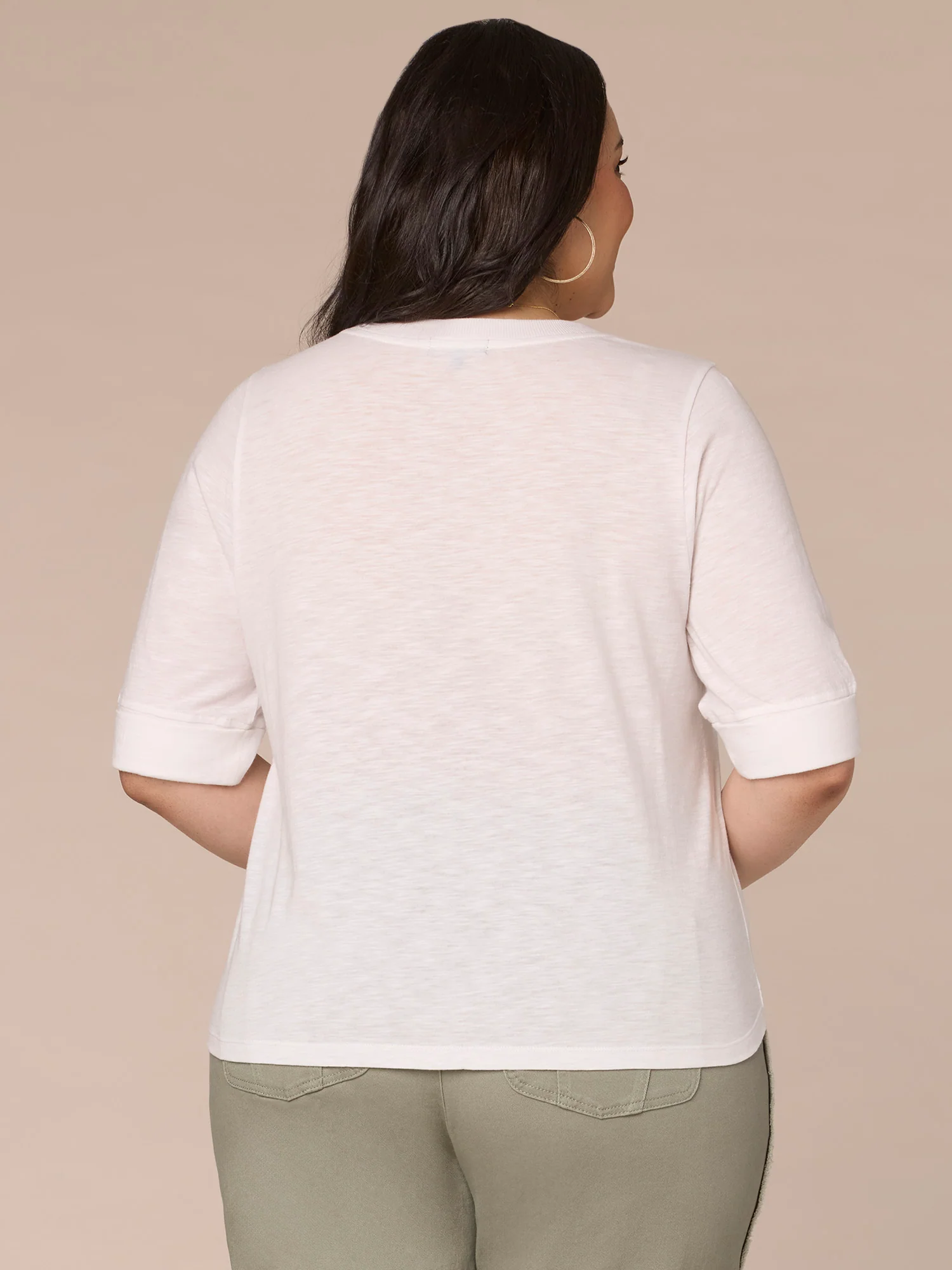 Roll Cuff Sleeve Round Split V-Neck Surplus Hem Plus Size Knit Top - Legahigh