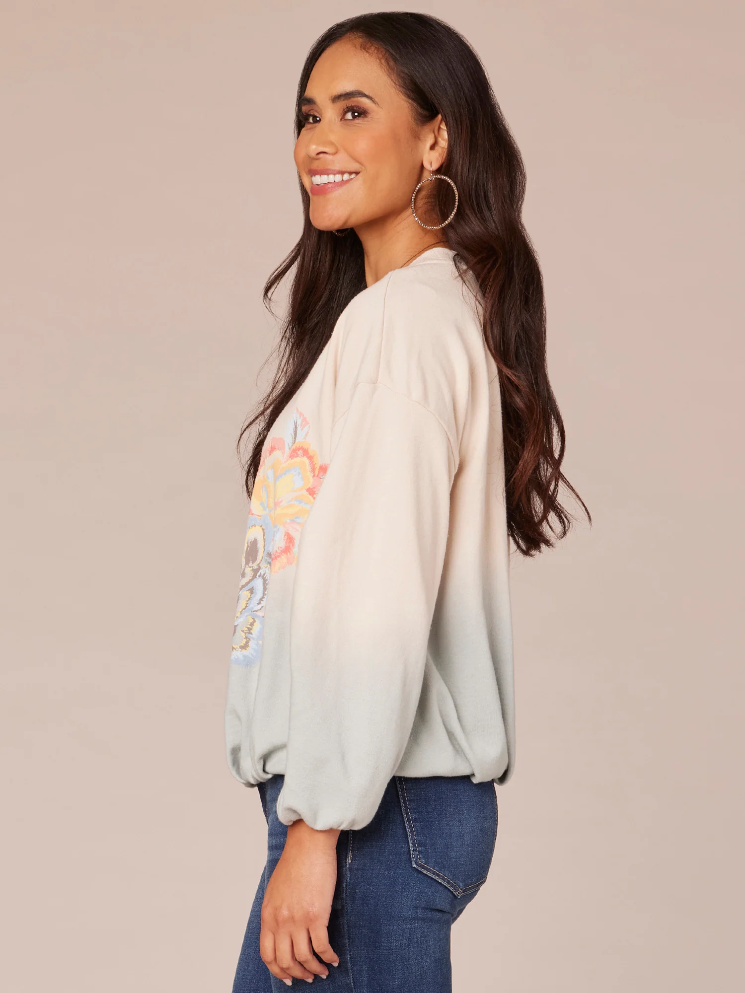 Long Sleeve Crew Neck Floral Screen Print Petite Knit Sweatshirt - Legahigh