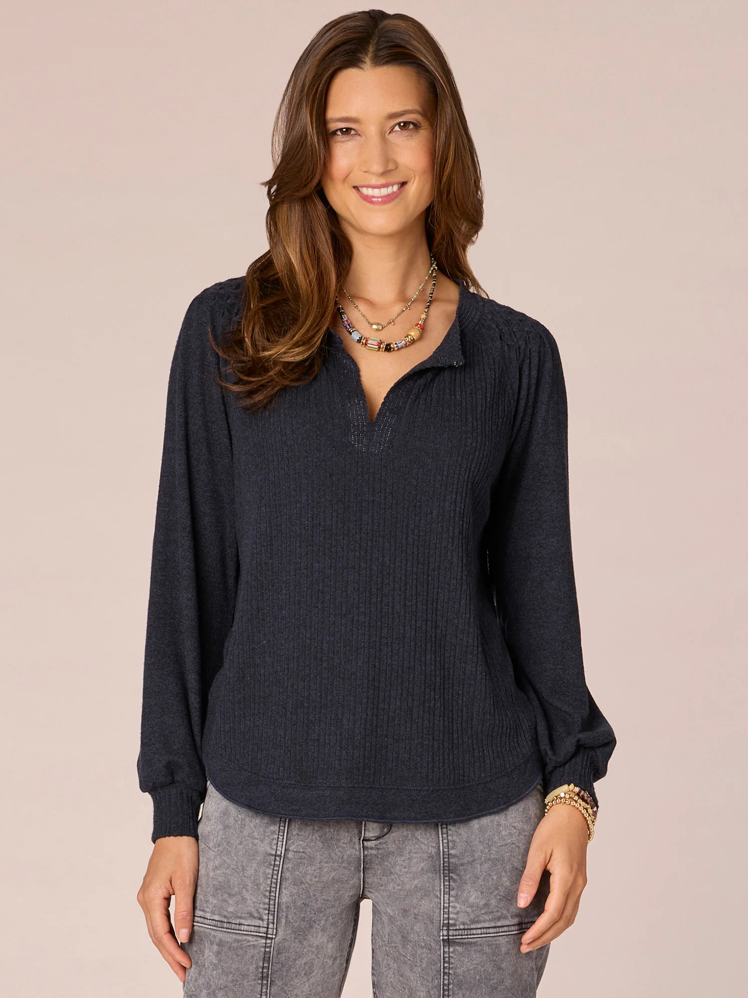 Long Smocked Blouson Sleeve Mandarin Collar Half Placket Knit Top - Legahigh